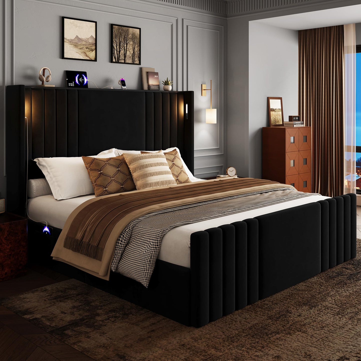 Uteeran Queen Bed Frame with 55.1" Tall Headboard, Velvet Upholstered Platform Bed with Channel Tufted Wingback, 2 Reading Lights/Storage Shelf/Charging Station/Easy Assembly/Noise-Free, Black
