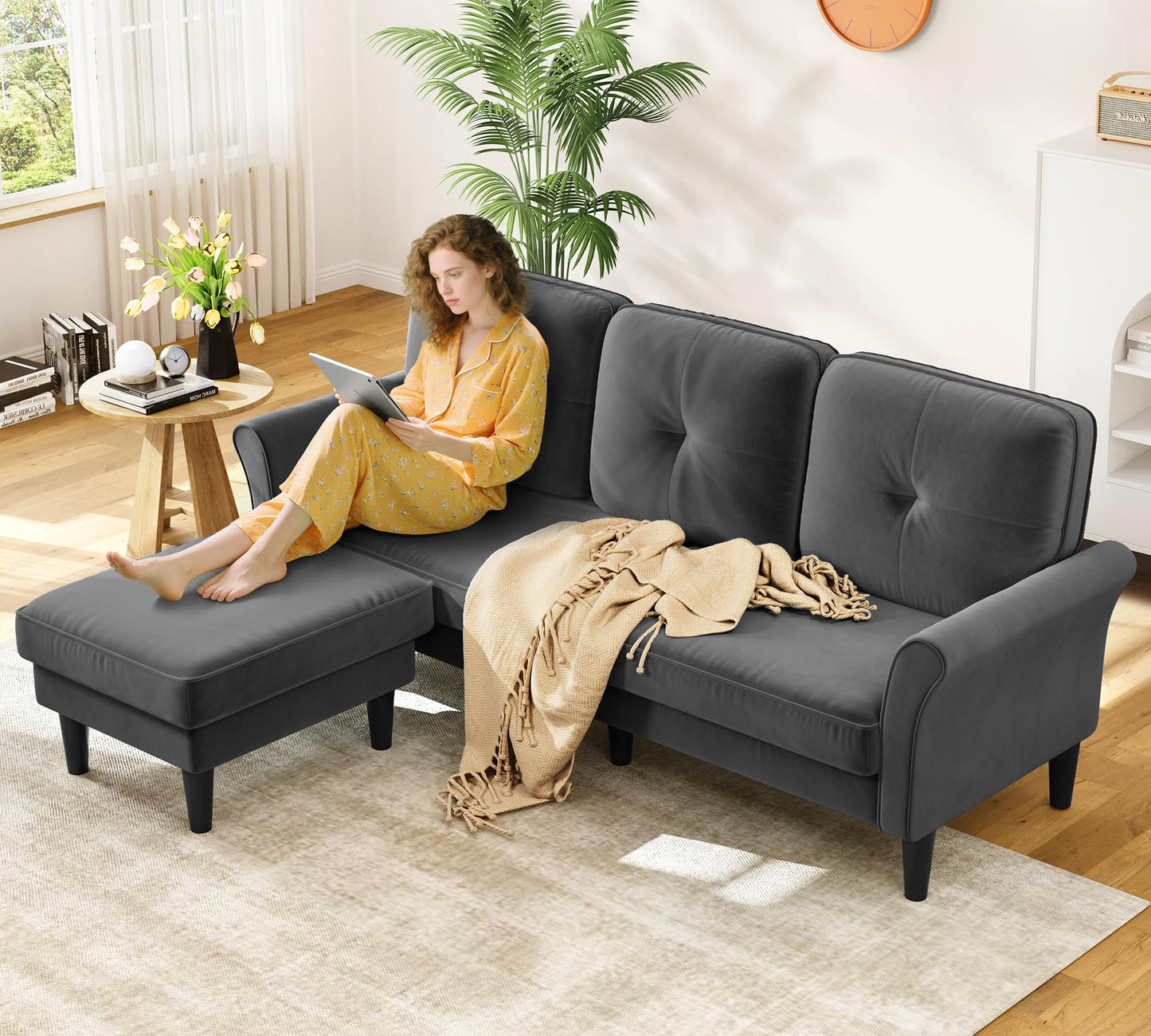 Kidirect Small Sectional Couch, 83" L Shaped Couch, Comfy Velvet Couches for Living Room, Tool-Free Setup Modular Sectional Sofa, 850lbs Load Sofas for Living Room with 1 Movable Ottoman, Grey Couch