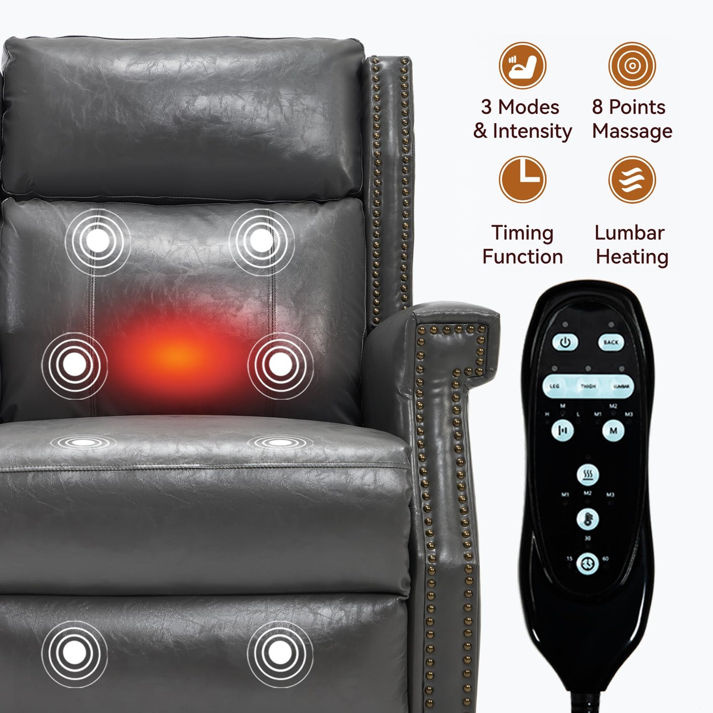 KEIKI Mid Century Modern Oversized Recliner Accent Chair for Adults, Manual Leather Recliner Chair with Back Massager and Heating for Living Room, Comfy Rocking Chairs for Small Spaces, Grey