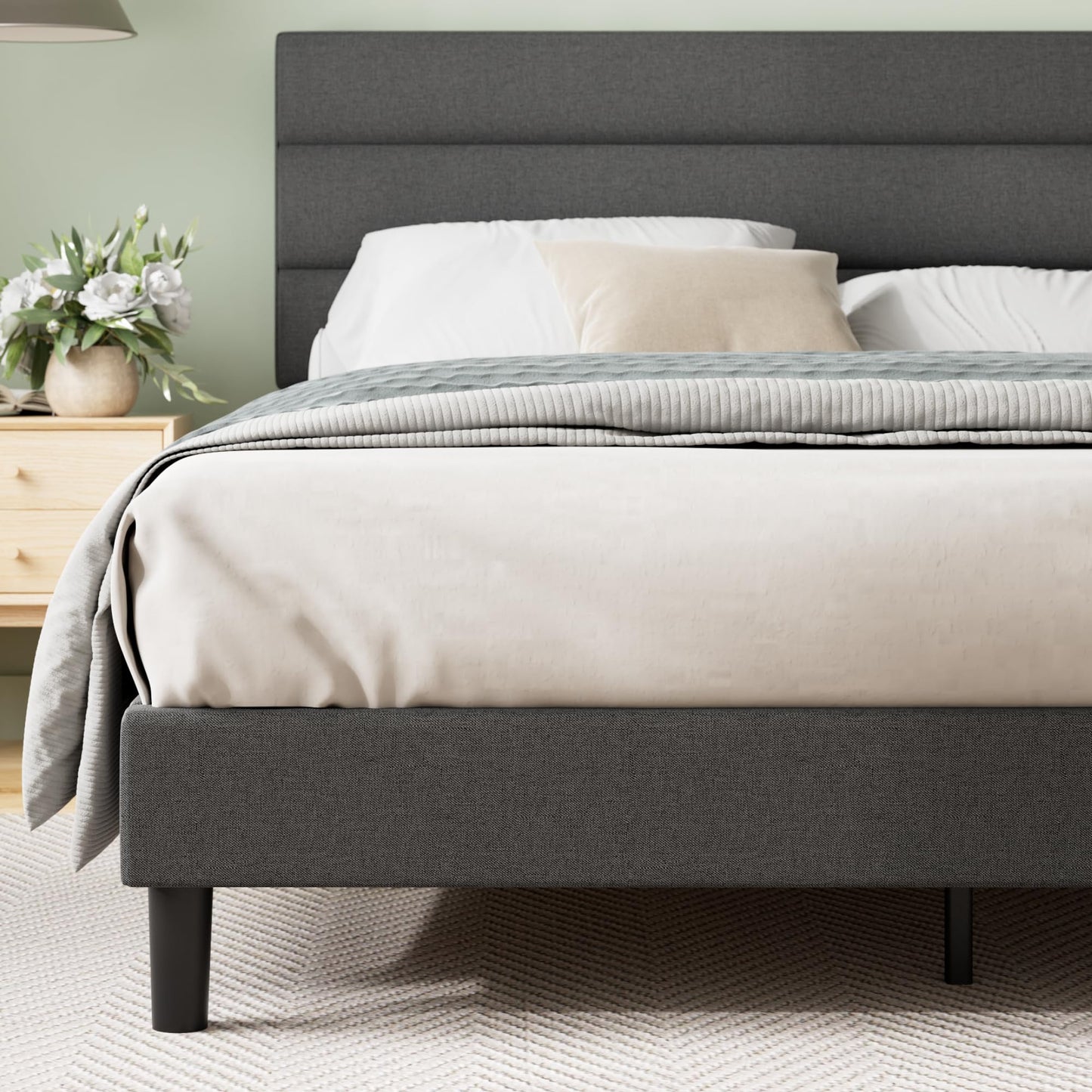 Zinus Queen Piper Upholstered Platform Bed with Horizontal Paneled Headboard, Wooden Slat Support, No Box Spring Needed, Easy Assembly, Eco Friendly Packaging, Dark Grey