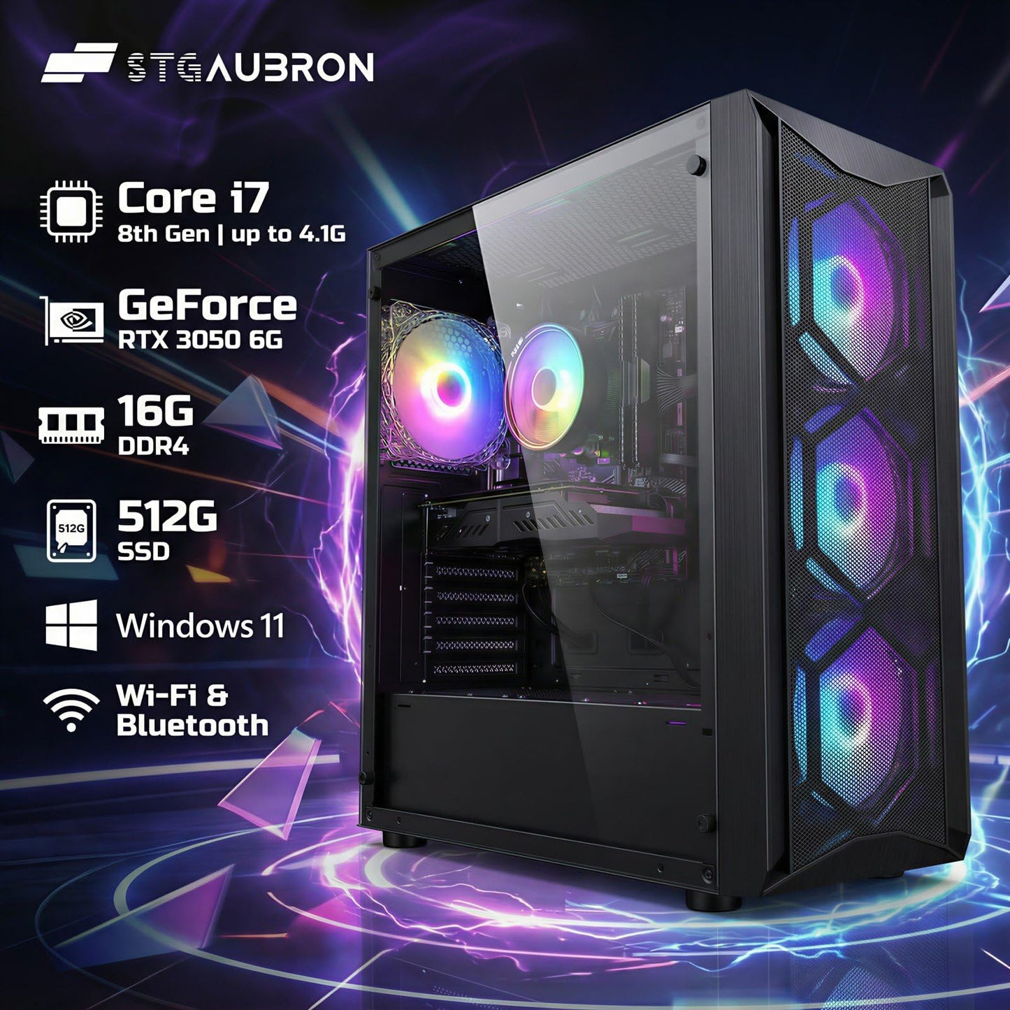 STGAubron Gaming PC Computer Desktop, Intel Core i7 8th Gen up to 4.1G, GeForce RTX 3050 6G, 16G DDR4, 512G SSD, WiFi 6, BT 5.2, RGB Fan x4, Windows 11 Home