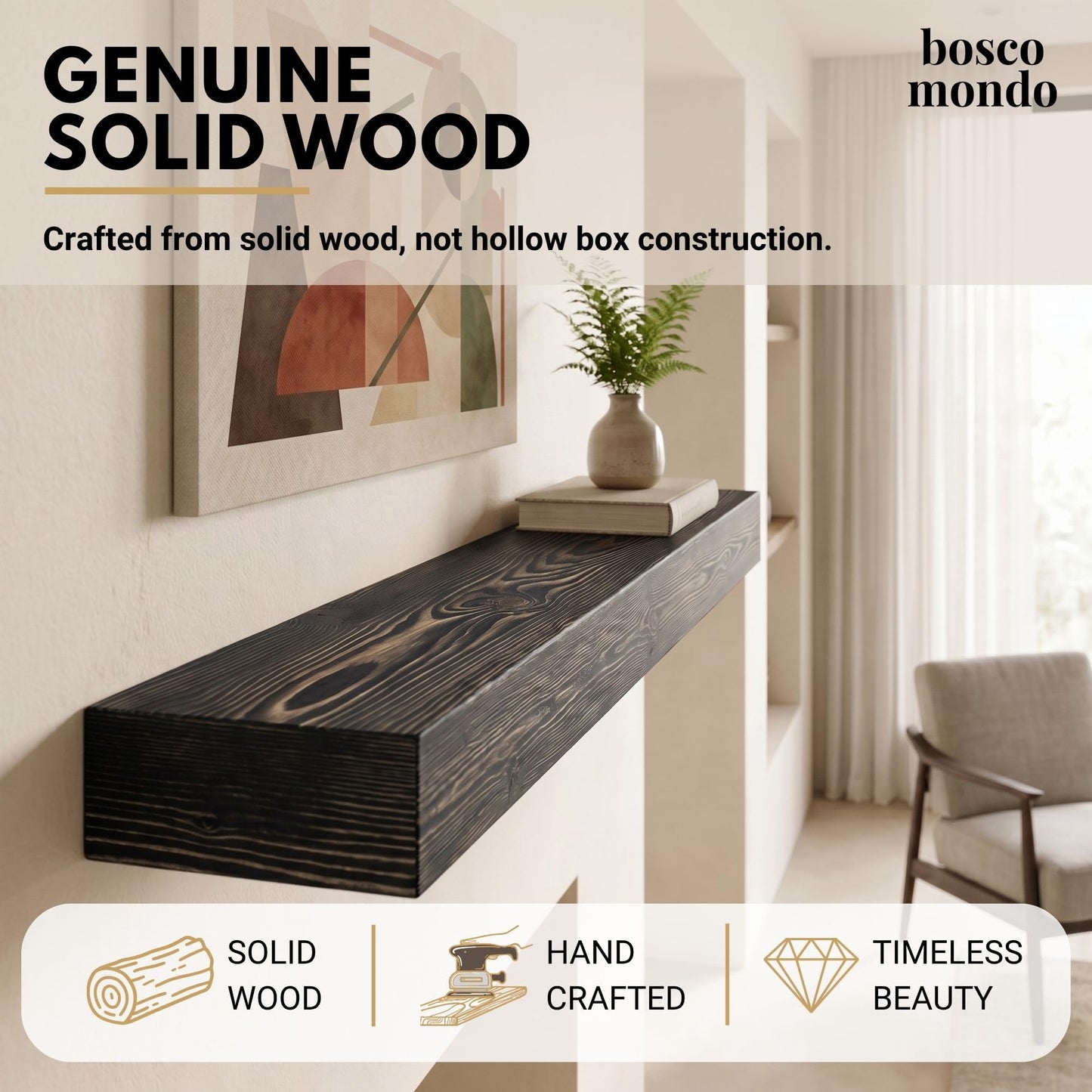 BoscoMondo Solid Wood Fireplace Mantel Shelf, Floating Mantle for Living Room, Farmhouse Rustic Wood Mantel, Easy Wall Mount with Heavy-Duty Metal Bracket (72", Jacobean)