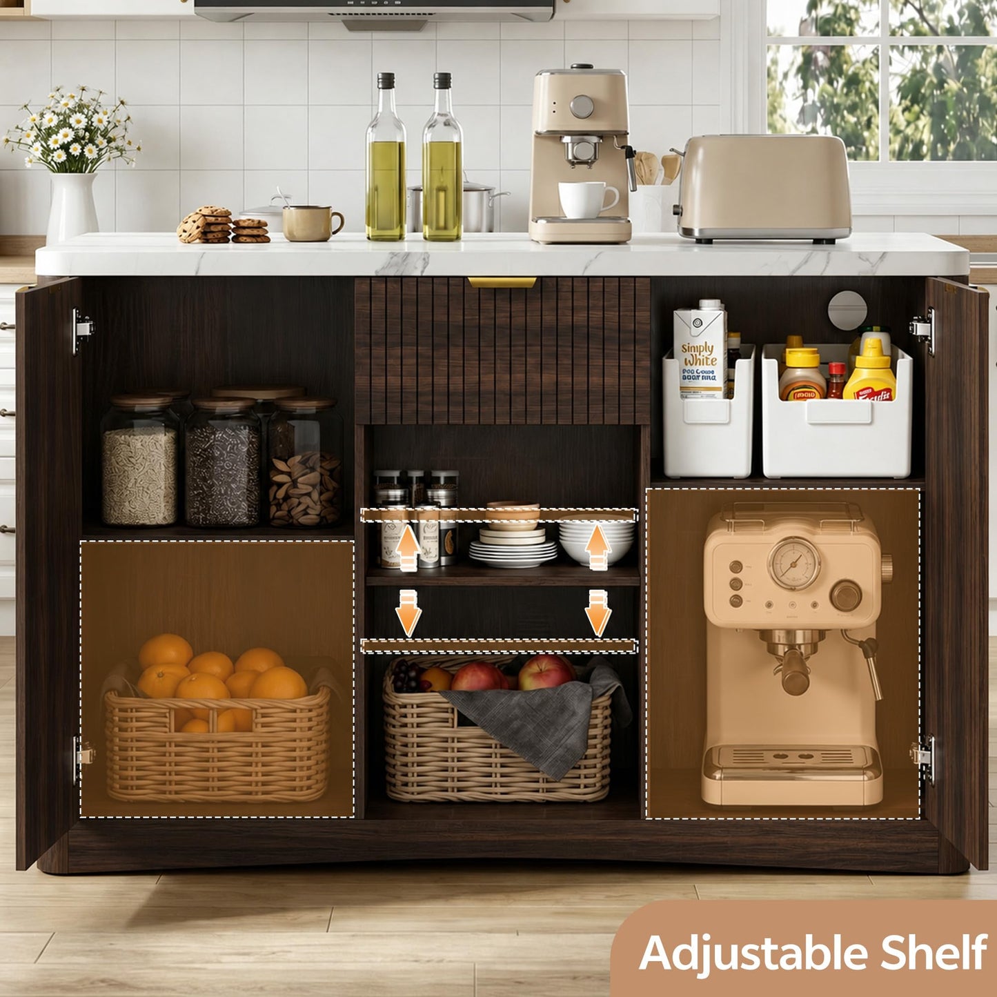 Homiflex Kitchen Island with Storage, 47" Island Table for Kitchen Large Kitchen Islands with Drawers Rolling Kitchen Island with Power Outlet & Adjustable Shelf Bar Cart for Dining Room- Walnut