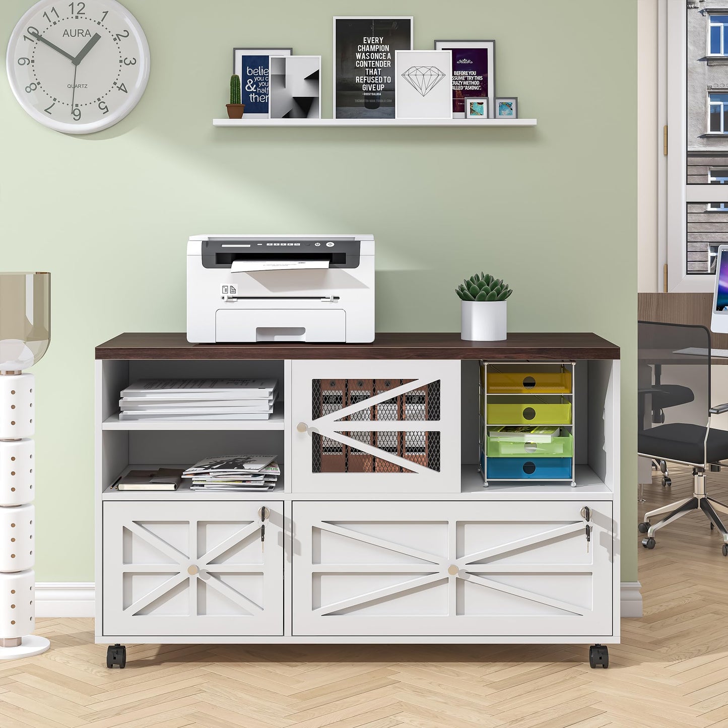 kepptory 2 Drawer File Cabinet with Lock, Rolling File Cabinet for Home Office Fits Files Letter/Legal/F4/A4, Filing Cabinet 2 Drawer with Adjustable Shelf & 2 Lockable Wheels (White + Brown)