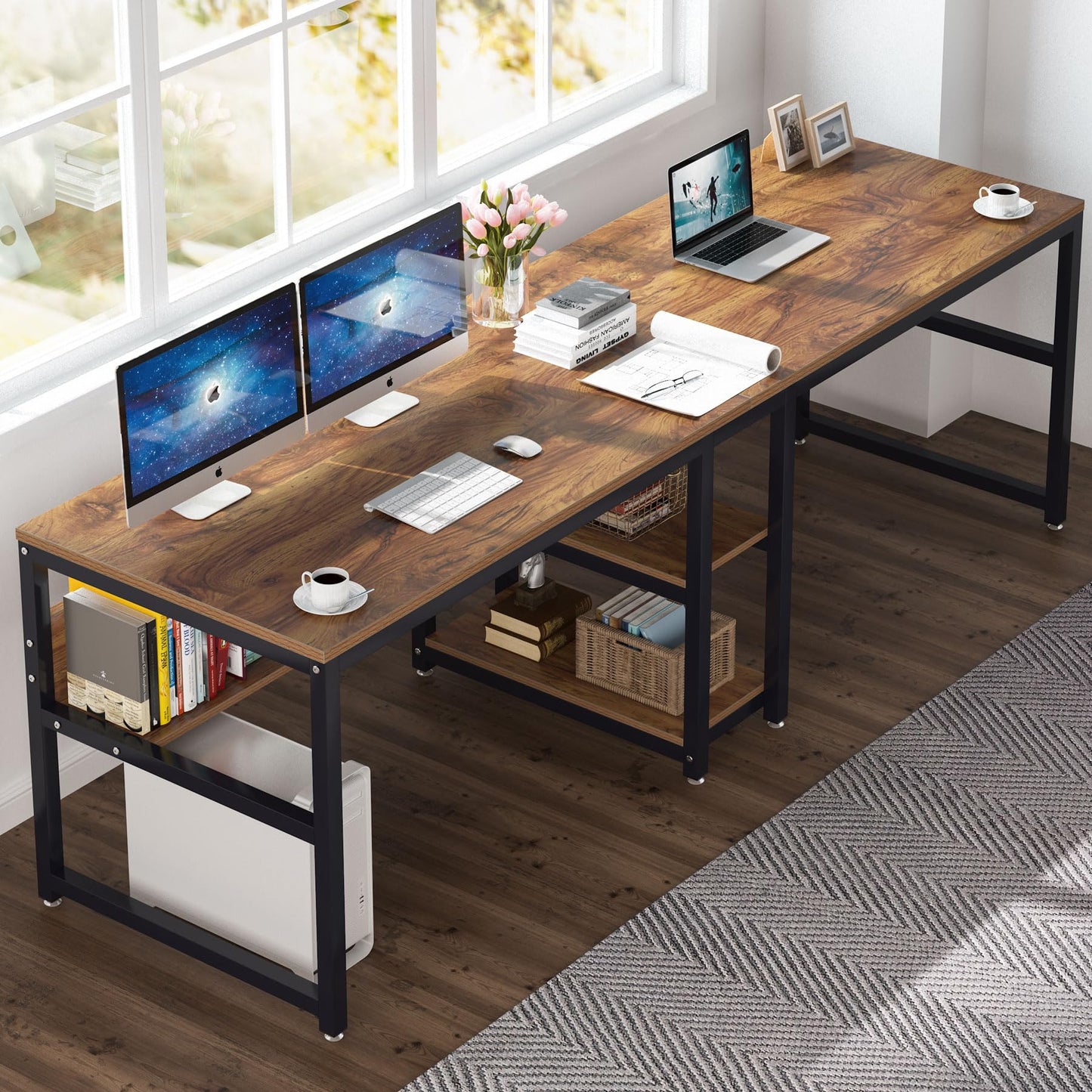 Tribesigns Two Person Desk with Bookshelf, 78.7 Computer Office Double Desk for Two Person, Rustic Writing Desk Workstation with Shelf for Home Office (Brown)