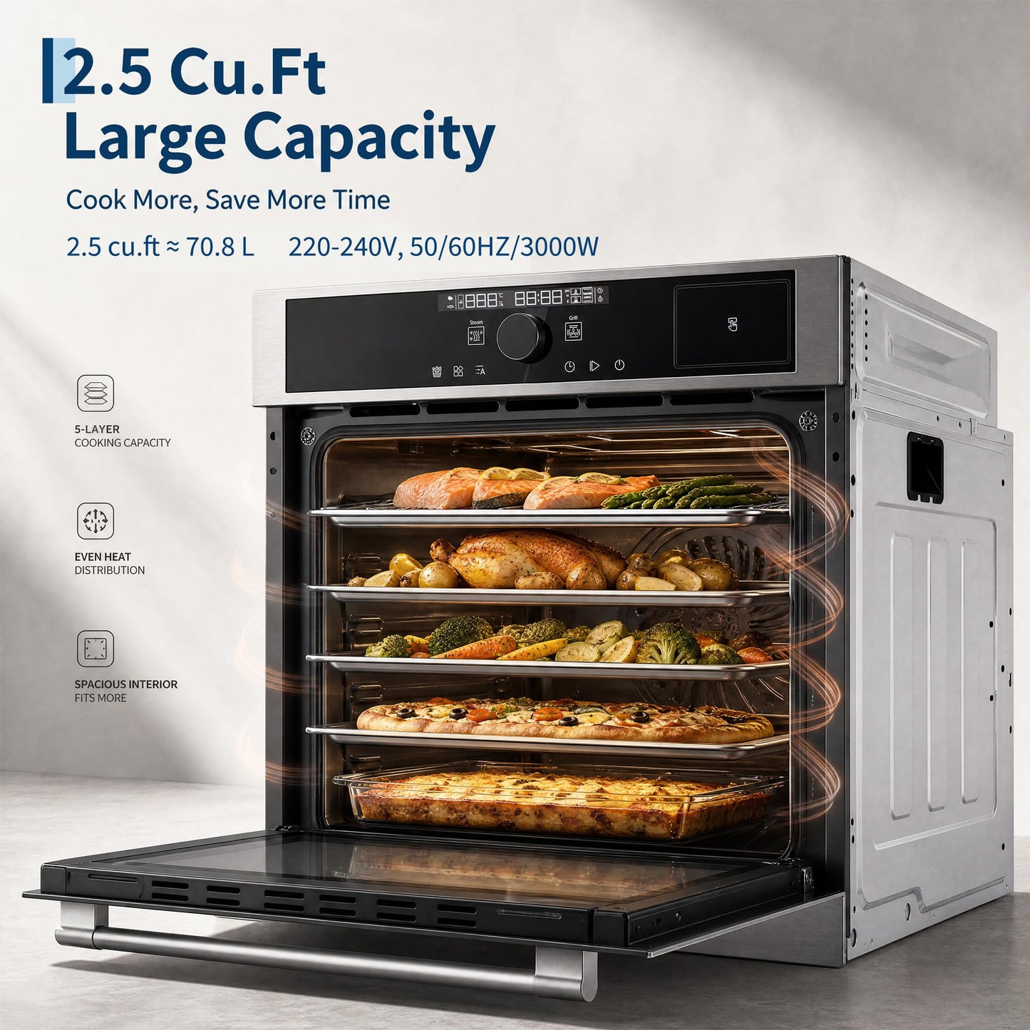 Garvee 24 Inch Built-in Single Wall Oven, 2.5 Cu. ft. Electric Oven, 3000W Power, 5 Cooking Functions, Touch & Mechanical Knob Control, Double Layer Low-e Glass Door, ETL Certified, Silver