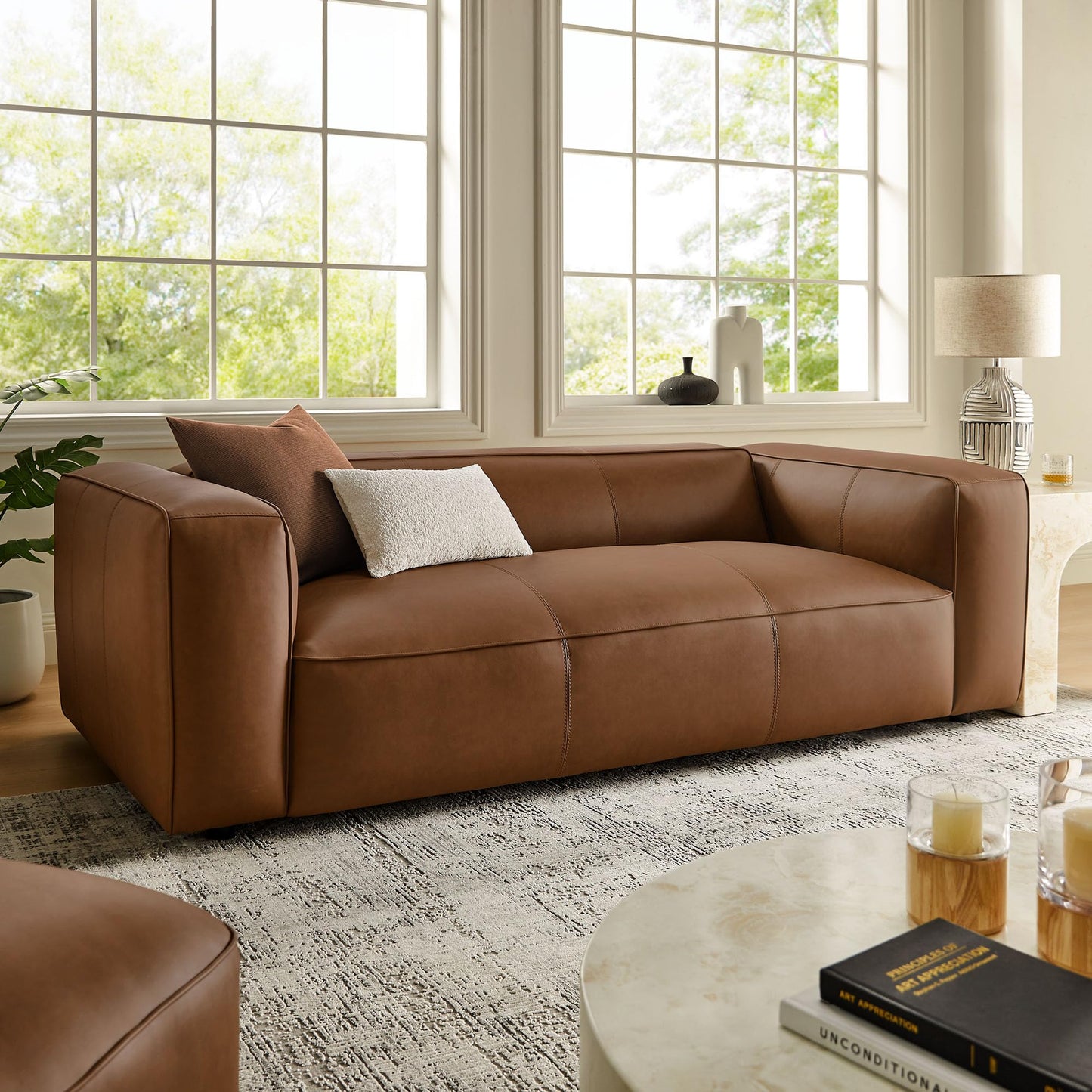 Modway Auren Vegan Leather Sofa in Coffee - Faux Leather Couch - Comfy Modern PU Leather Sofa - Oversized Mid Century Modern Couch for Living Room, Apartment, Loft