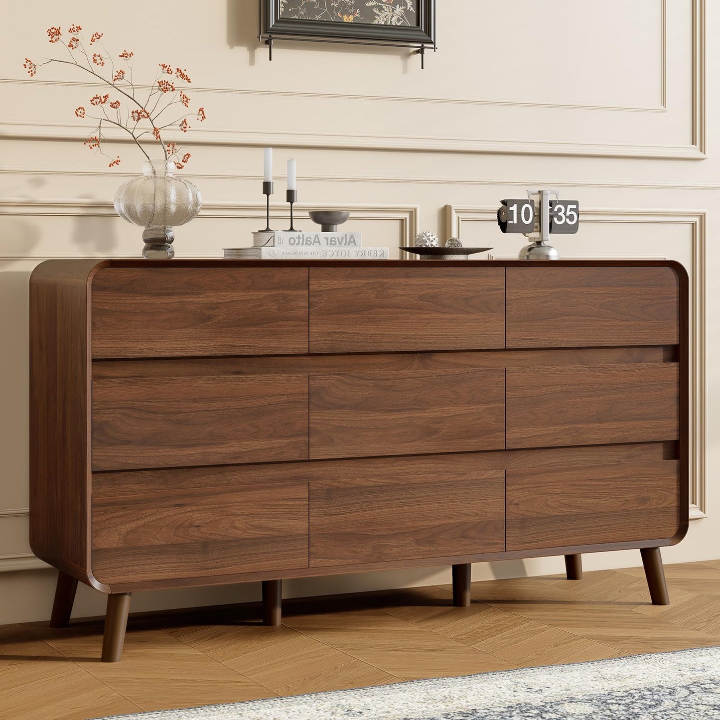 Nasonet Mid Century Modern 9 Drawer Dresser for Bedroom, Wooden Dresser & Chests of Drawers, Wide Storage Drawer Dresser TV Stand, Walnut