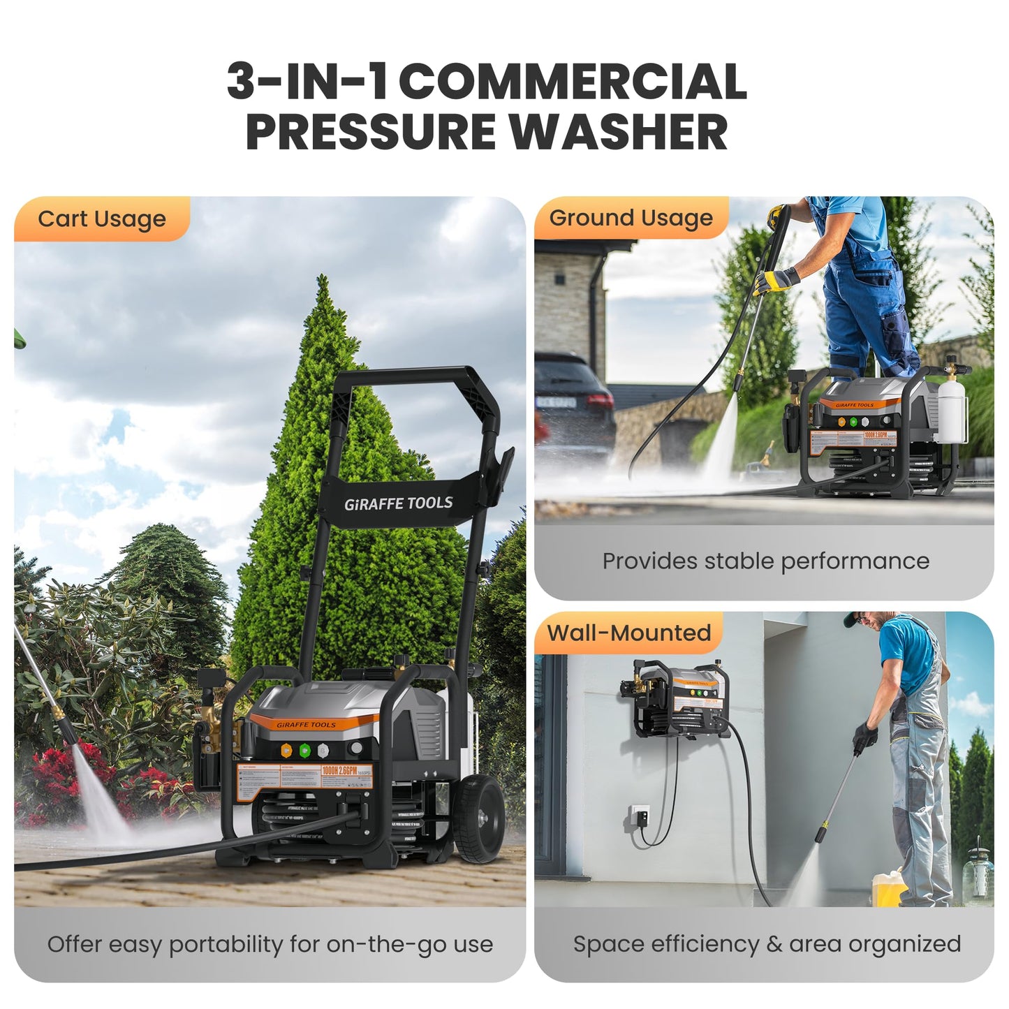 Giraffe Tools Crossfalls Retractable Pressure Washer Ultra, Max 2.6GPM 1650PSI with 1800W Brushless Motor, Wall Mount Electric Power Washer, 4-Nozzle, Automatic Rewind, 50ft Pressure Hoses with Cart