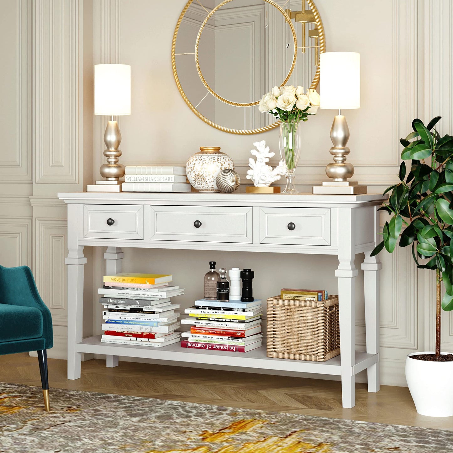 Merax Farmhouse Wood ConsoleTable for Hallways Narrow Foyer Sideboard with Drawers and Bottom Shelf for Entryway Antique White