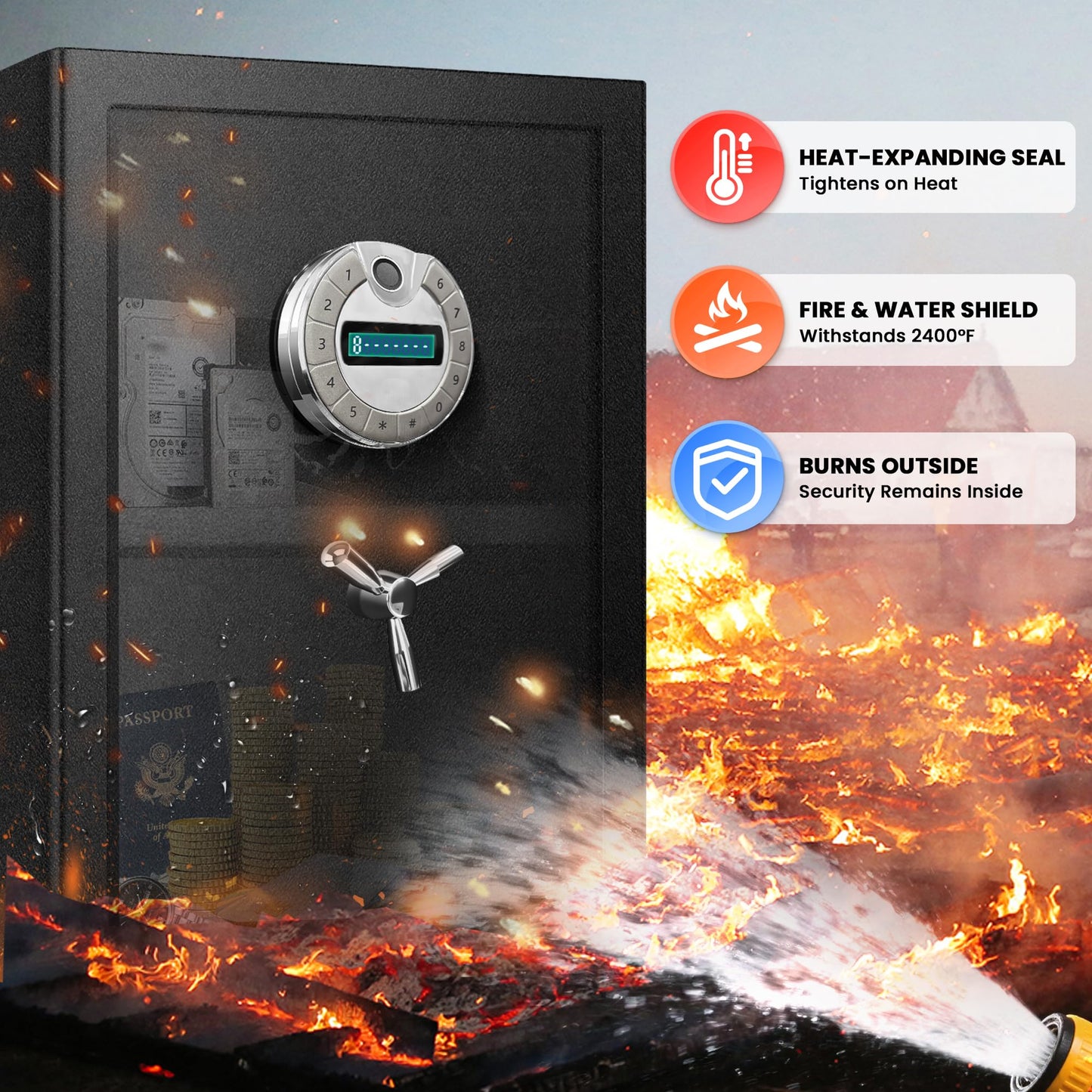 RETLLAS 4.5 CuFt Heavy Duty Fireproof Biometric Home Safe Fingerprint and PIN Lock, Reinforced Steel, Dual Anti-Pry Bolts, Backlit LCD, Heat-Sealing Gasket and USB-C Power for Documents & Electronics