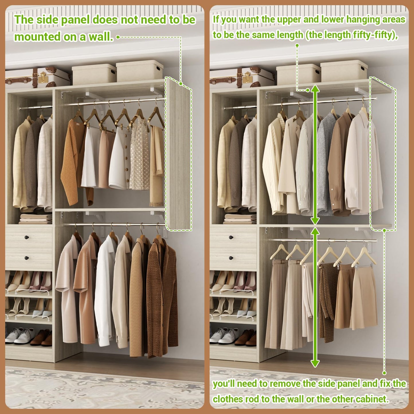 Besiost Closet System - 60"/92" Closet System with Drawers, 5FT/7.67FT Closet Organizer System with Reversible Hanging Shelving and Hanging Rods, for Small/Walk-in Closets, Greige Oak