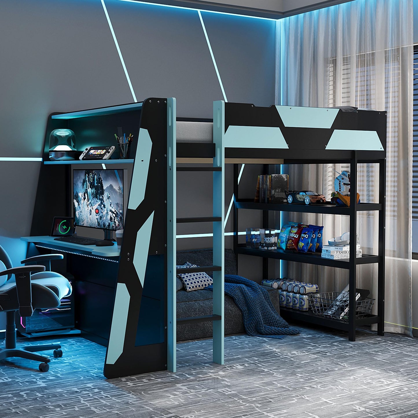 Merax Full Size Gaming Loft Bed with Side-Mounted Desk & 3-Tier Storage Shelves. Space-Saving Bedroom Set with Built-in Power Outlets & USB Ports for Teens & Gamers, Black+Blue