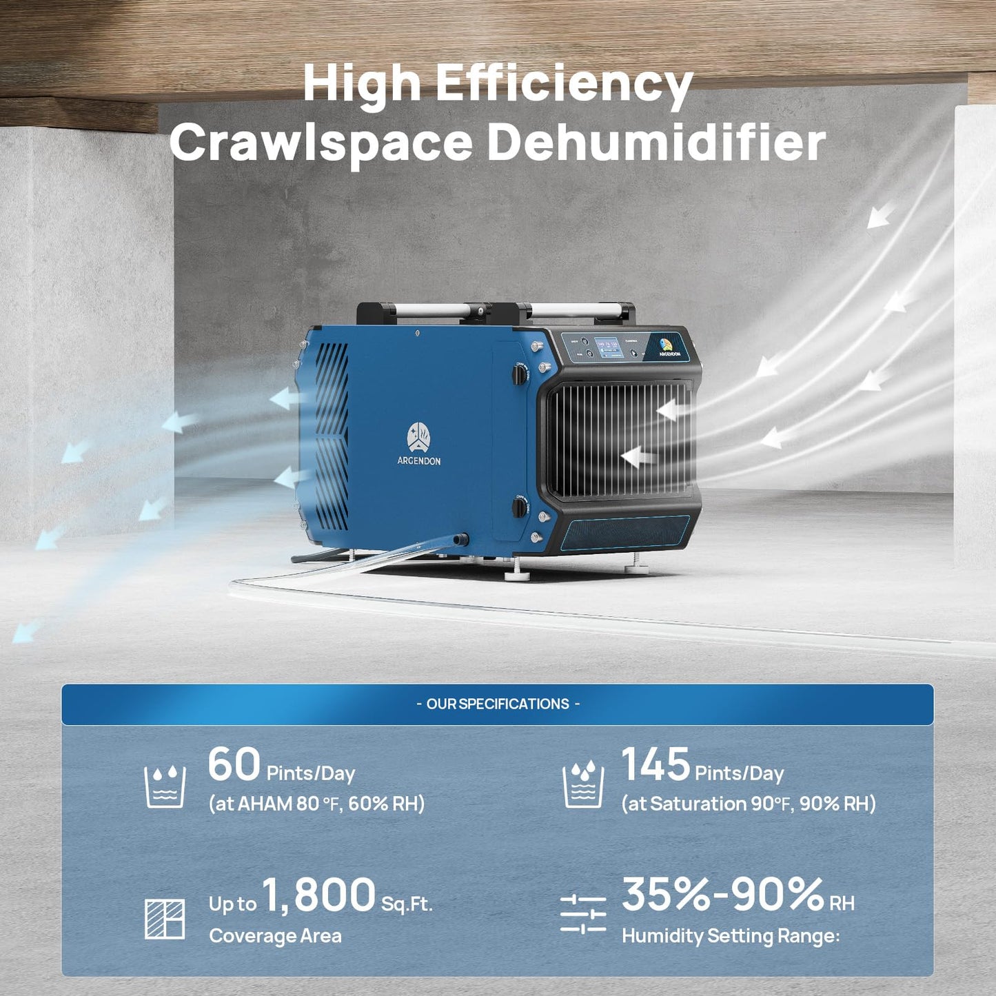 ARGENDON Commercial Dehumidifier for Crawlspace, 145 PPD Industrial Dehumidifiers with Drain Hose for Basement, Large Space, Auto Defrost, Compact, ETL, 5-Year Limited Warranty, Guardian 60