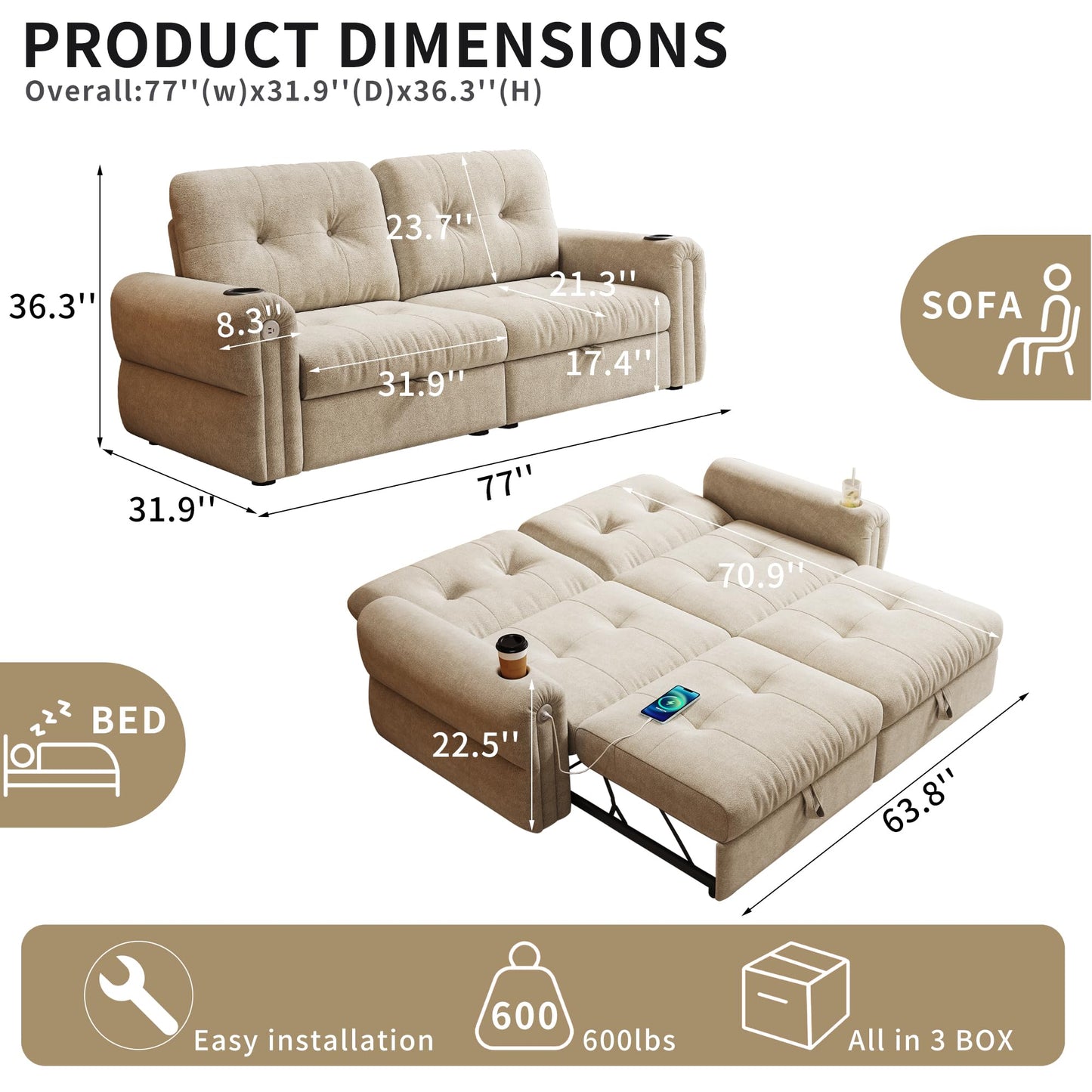 Trygoal Convertible Couches, Queen Size Pull Out Sofa Bed with USB Charging Port and Cup Holders, Plannelette Fabric Convertible Sofa Bed for Small Space, Living Room, Apartment, Guest Room, Beige