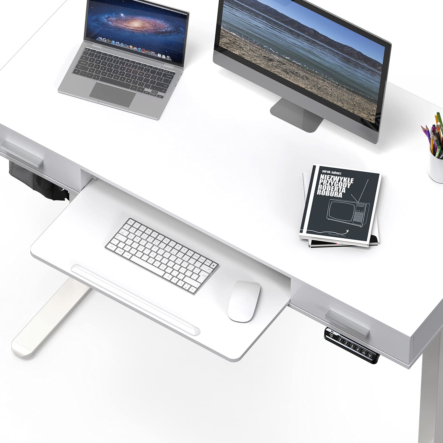 SHW 48-Inch Electric Height Adjustable Desk with Keyboard Tray and 2 Drawers, White