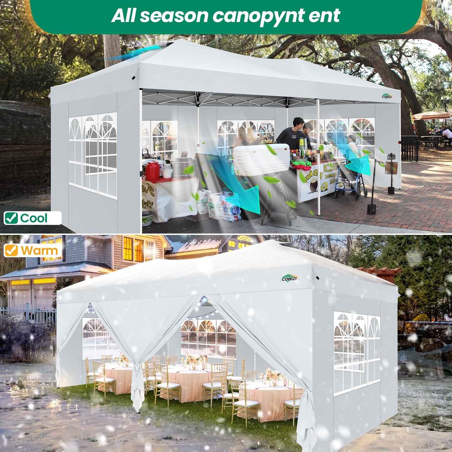 COBIZI Canopy 10x20 Pop Up Canopy Tent with 6 Sidewalls, One Push Party Tents for Parties Outdoor Wedding Waterproof Gazebo Commercial Event Tent with Sandbags, Swan White
