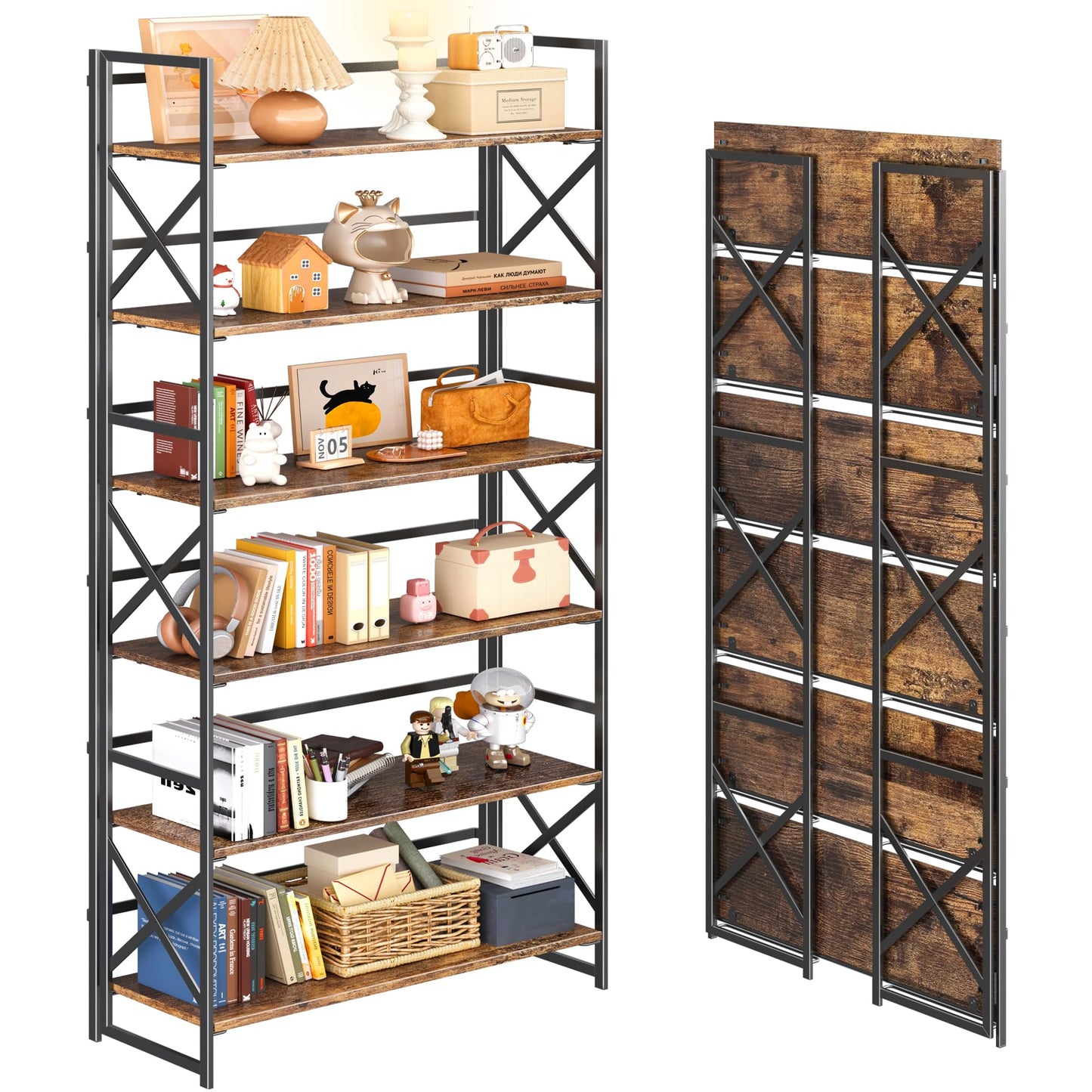 4NM Extra Wide 6 Tiers No Assembly Book Shelves, 61.8" H Folding Bookshelf Bookcase Open Industrial Foldable Shelves for Bedroom, Living Room, Home Office - Rustic Brown Black