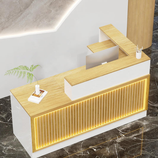 L Shaped Reception Desk, Solid Wood Front Desk with Counter & Lockable Drawers, Retail Checkout Customer 2 Person Secretary Desks for Home Office Lobby Store (63in,Left)