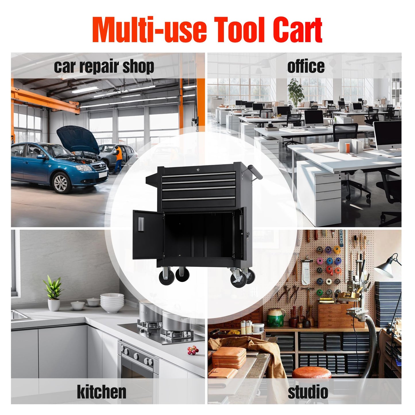TANKSTORM 4-Drawer Rolling Tool Chest with Cabinet, Heavy Duty Metal Tool Box on Wheels, Lockable Rolling Tool Cabinet with Drawers & Doors, Garage Tool Storage Organizer for Workshop, Repair Shop