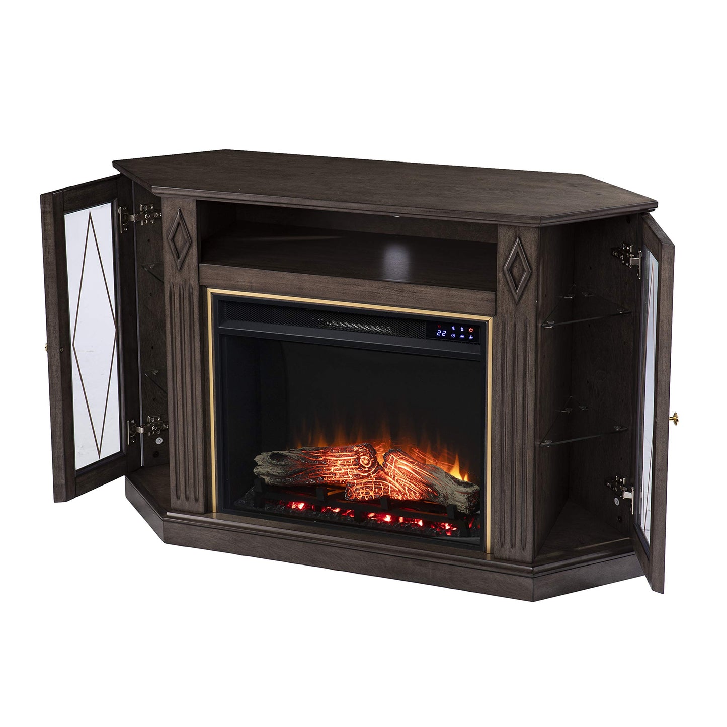 SEI Furniture Austindale Electric Fireplace Corner TV Stand for TVs up to 45 Inches, Touch Screen Control Panel, Brown