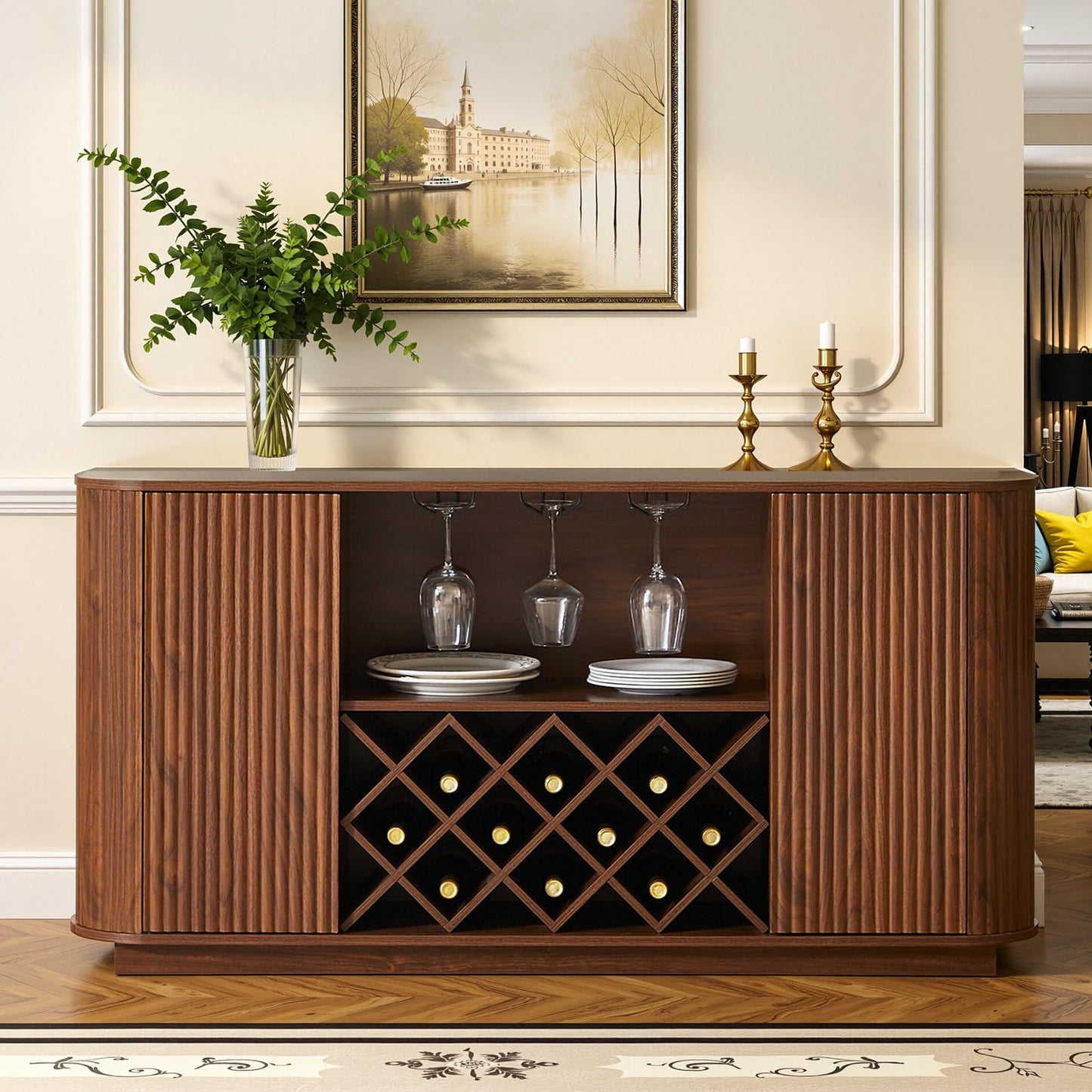 Rovibek Fluted Wine Bar Cabinet with Storage, 58" Buffet Sideboard Cabinet Sideboard with Wine Rack & Glass Holder, Farmhouse Wine and Coffee Bar Cabinet for Living Room, Kitchen, Walnut