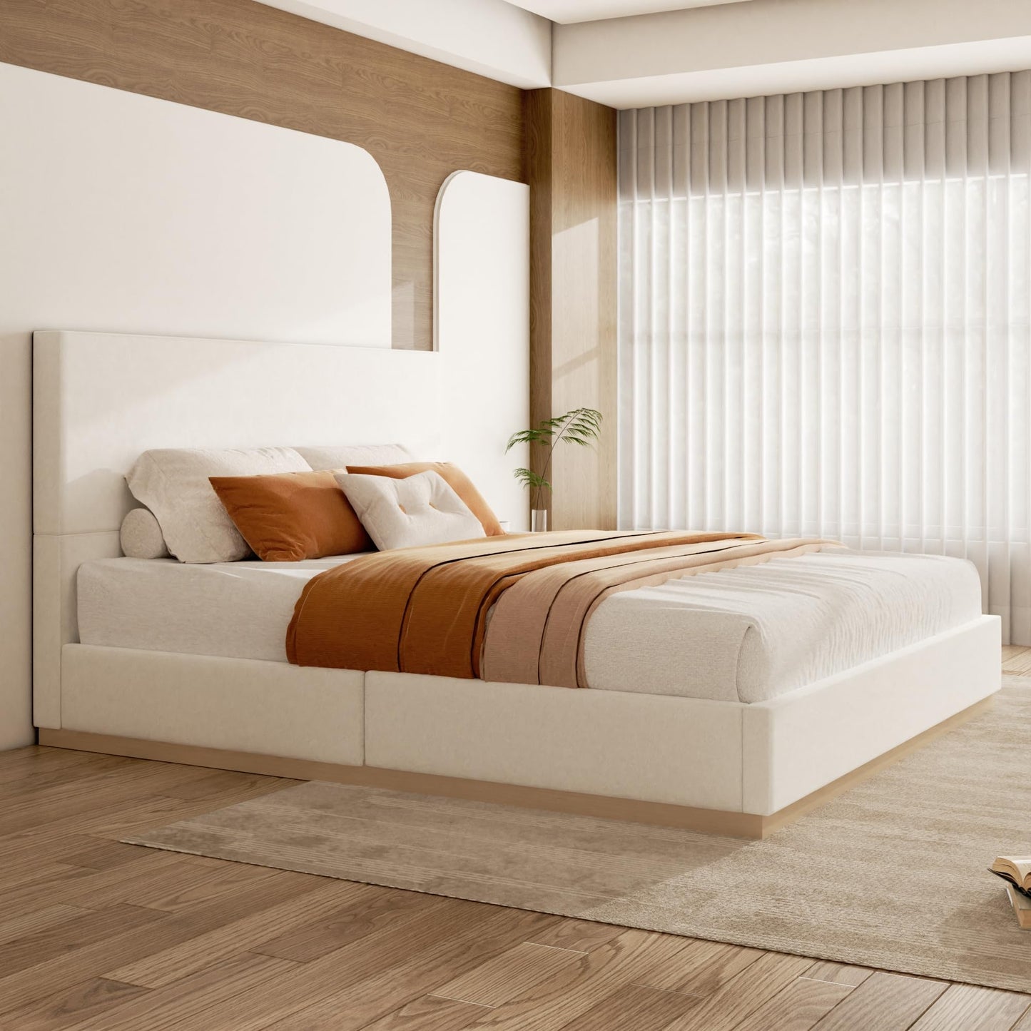 wirpexhowak Queen Size Platform Bed Frame with Headboard, Velvet Grounded Bed with Wood Slats, Heavy Duty Mattress Foundation, Box Spring Option, Noise-Free, Easy Assembly, Beige