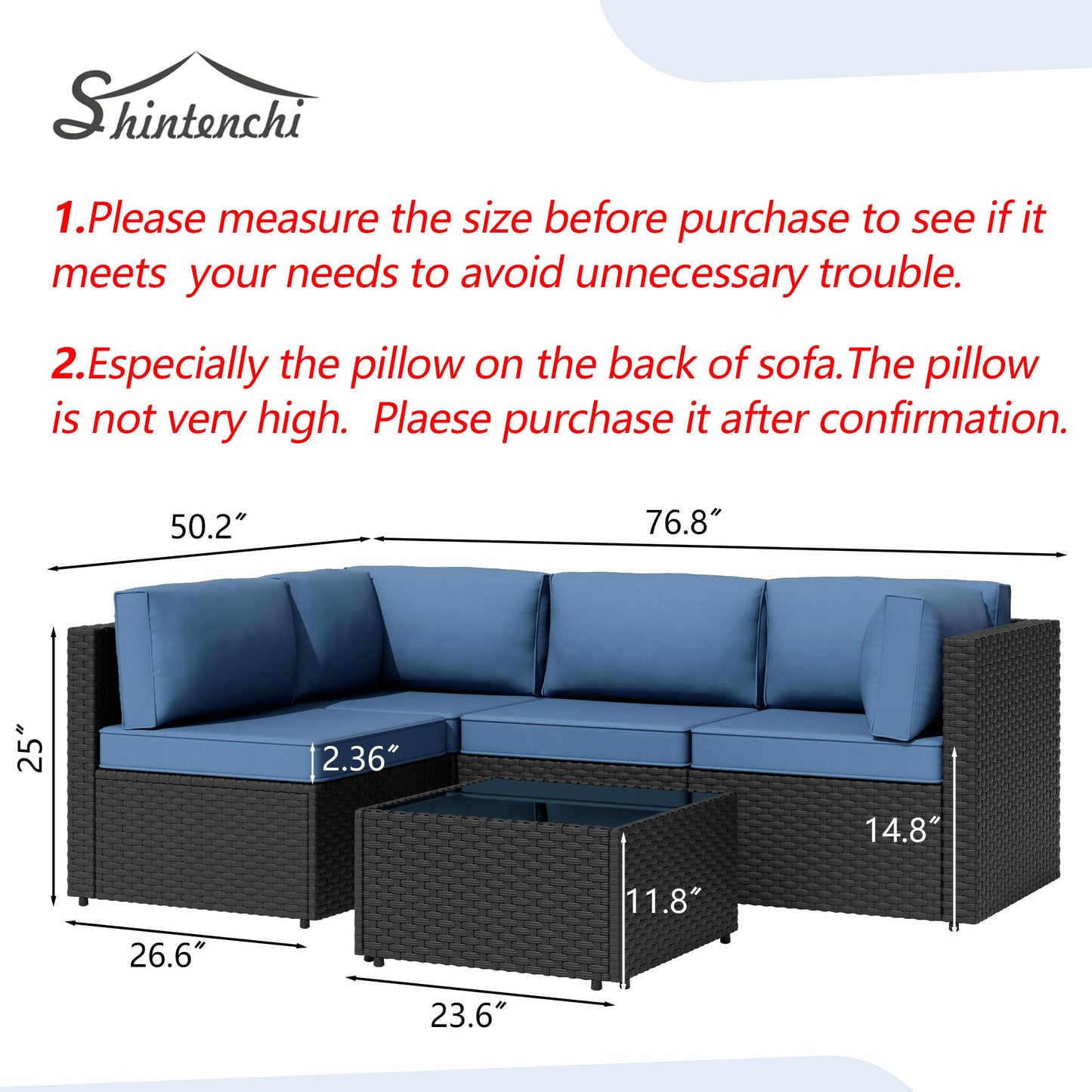 Patio Furniture Sets, 5 Piece Outdoor Sectional Sofas, Wicker Rattan Outdoor Furniture Patio Conversation Set, All-Weather PE Rattan Outdoor Couch for Backyard, Garden, Black & Aegean Blue