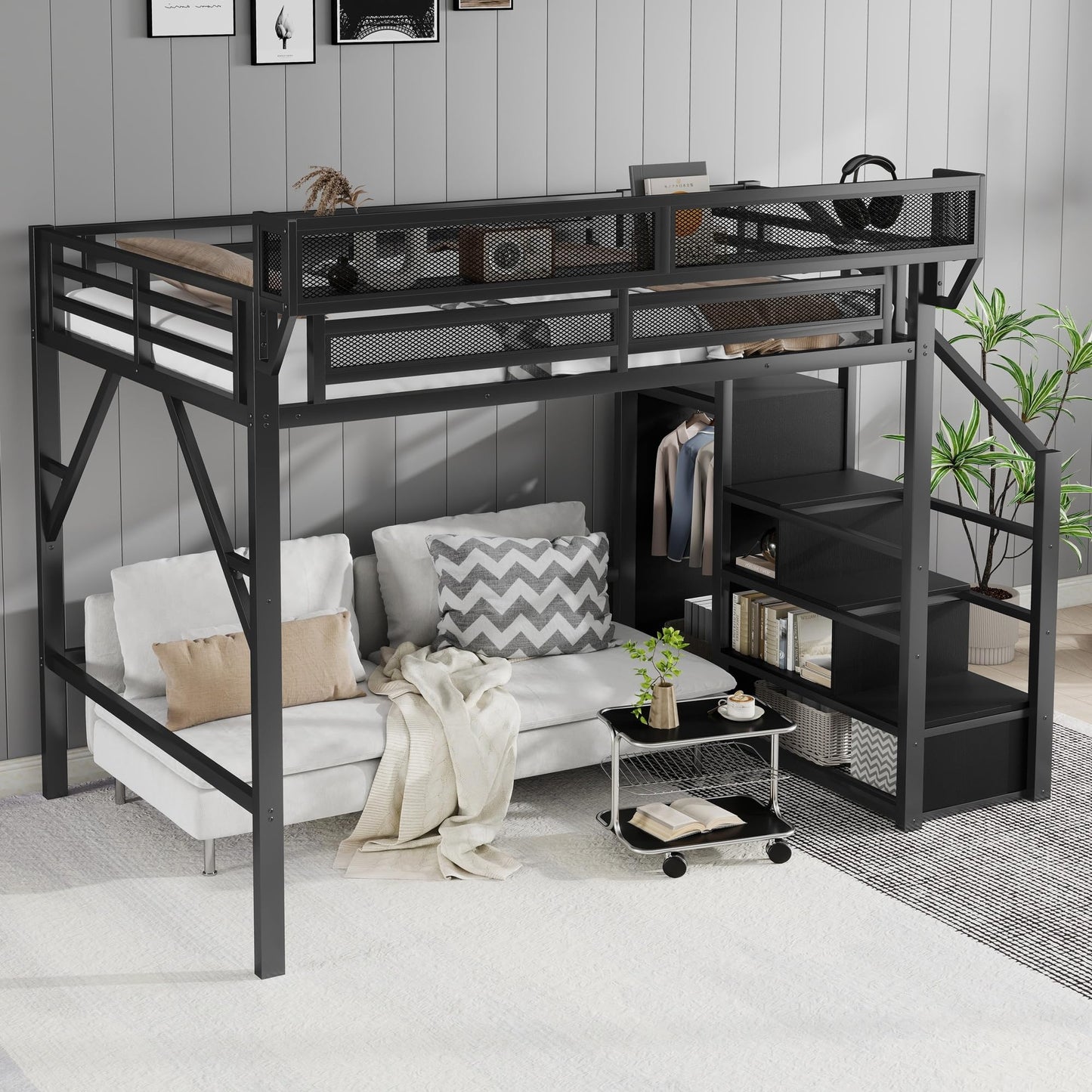 KEIKI Full Size Metal Loft Bed Frame with Convertible Staircase, Built-in Storage Shelves and Wardrobe, Loft Bed with Solid Slats, Guardrail, No Box Spring Required, Easy Assembly, for Bedroom, Black