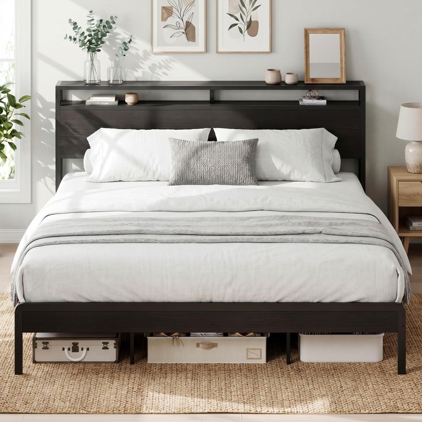 LIKIMIO California King Bed Frame with Headboard, Dark Wood Camas California King with Strong Supports, Sturdy, Noise-Free, No Box Spring Needed, Classic Black