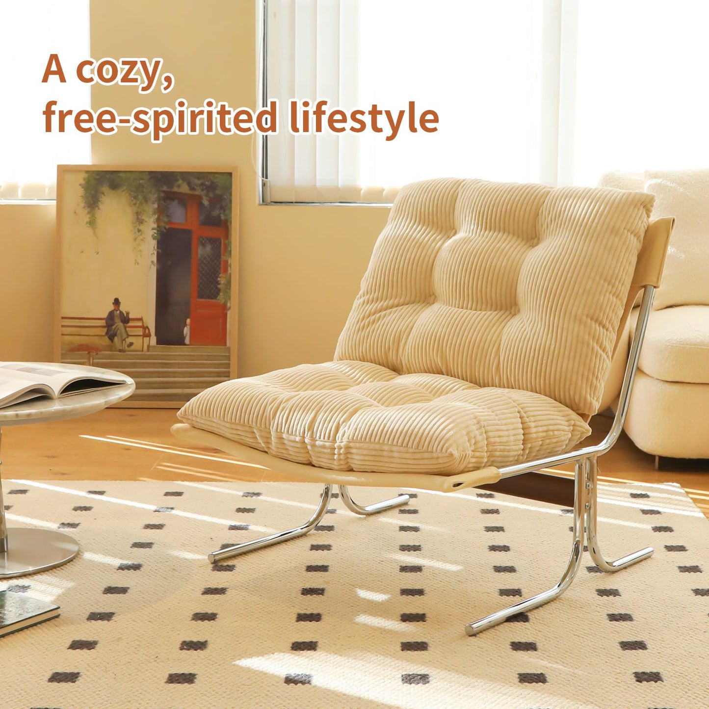 Modern Accent Chair Upholstered Lounge Chair with Chrome Metal Frame Oversized Comfy Armchair for Living Room Bedroom Home Office Reading Nook Wide Seat Sofa Chairs with Cushion Support, Cream