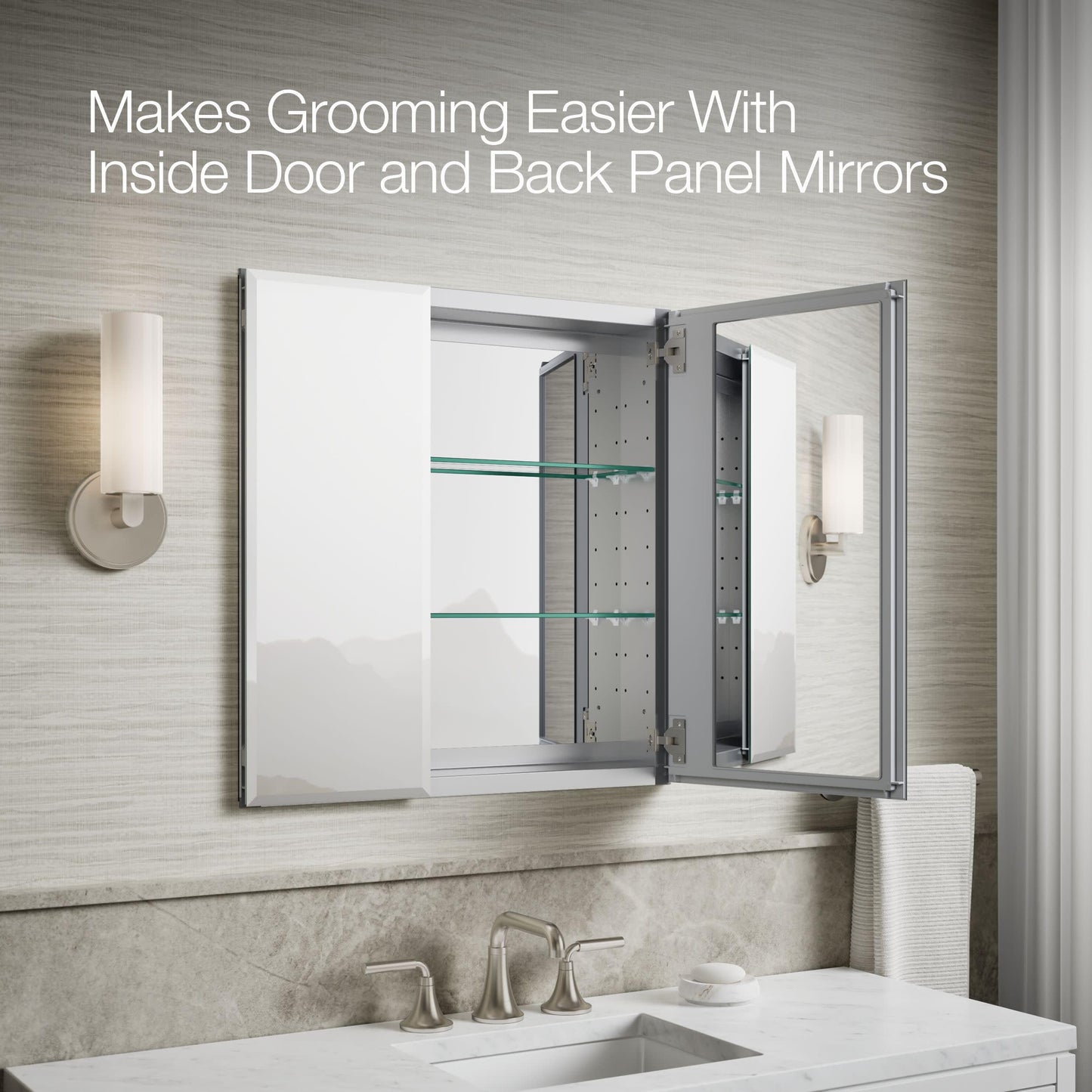 Kohler CB-CLC2526FS Bathroom Medicine Cabinet with Mirror, Beveled Mirror Doors, Adjustable Shelves, Rectangular Beveled Edge, 25 in. W x 26 in. H