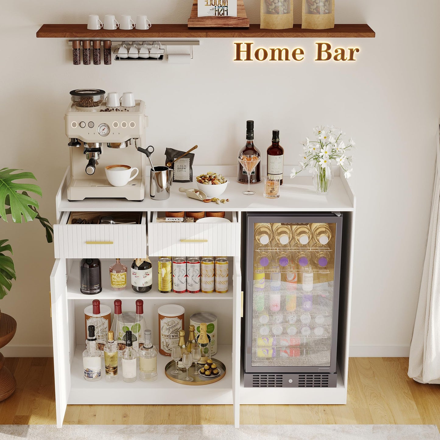 Garvee Coffee Bar Cabinet with Fridge Space, Fluted Wine Cabinet with Charging Station, Mini Fridge Cabinet with Drawers and Adjustable Shelf, Home Bar for Dining Room, Kitchen, Living Room, White