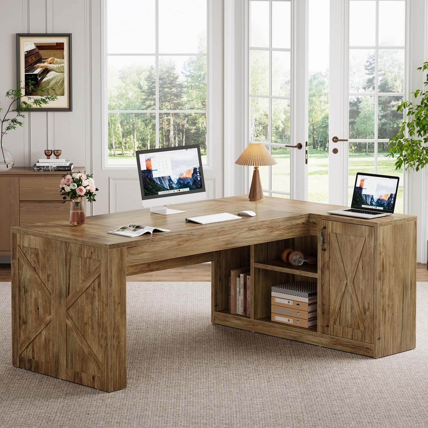 Tribesigns 71 Inch Executive Desk with Storage Cabinet, Large Office Desk L Shaped Computer Desk with Storage Shelves, Business Furniture Desk Workstation for Home Office, Rustic Brown