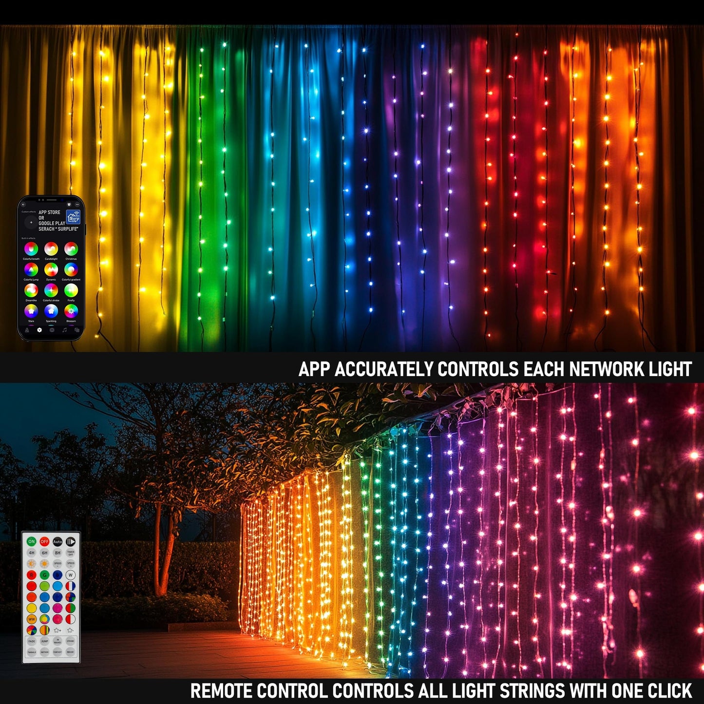 Dazzle Bright 300 LED RGB Color Changing Curtain String Lights with Remote & APP Control, Waterproof, Model CL-300CC