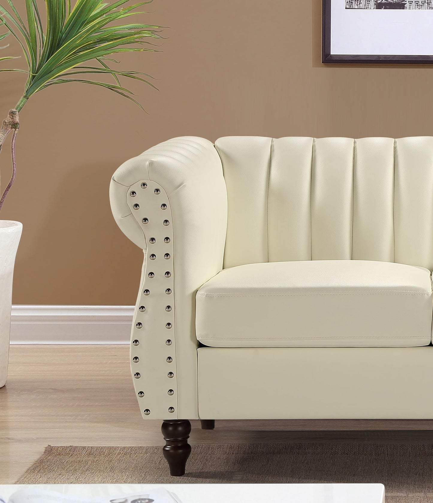 Container Furniture Direct Chesterfield-Inspired 60" Faux Leather Loveseat, 2 Seater Living Room Couch with Elegant Design, Gourd Legs, and Sustainable Pleather Upholstery, Cream White