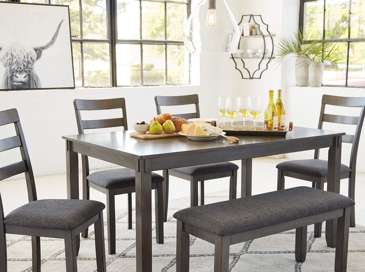 Signature Design by Ashley Bridson Dining Table Set For 6 With Bench, Wood 6‑Piece Kitchen Table And Chairs With Upholstered Seats, Transitional Charcoal Gray Dining Room Collection For Family Meals