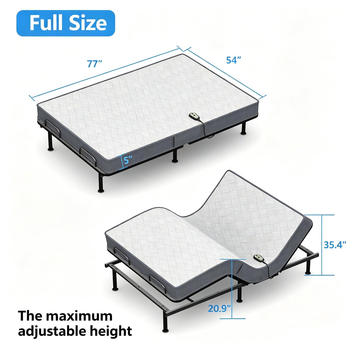 Espsilto Full Size Adjustable Bed Base with Mattress, Electric Bed Frame with Remote, Ergonomic Base with Head & Foot Incline, Zero Gravity, Anti-Snore