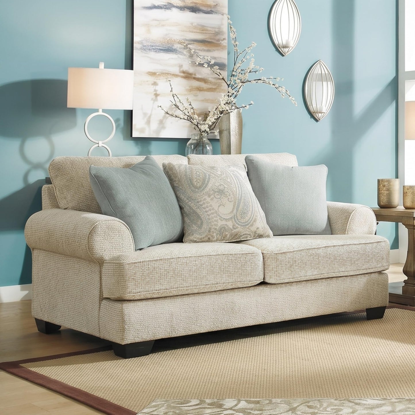 Signature Design by Ashley Monaghan Vintage Loveseat with Accent Pillows, Reversible Cushions and Rolled Arms, Beige