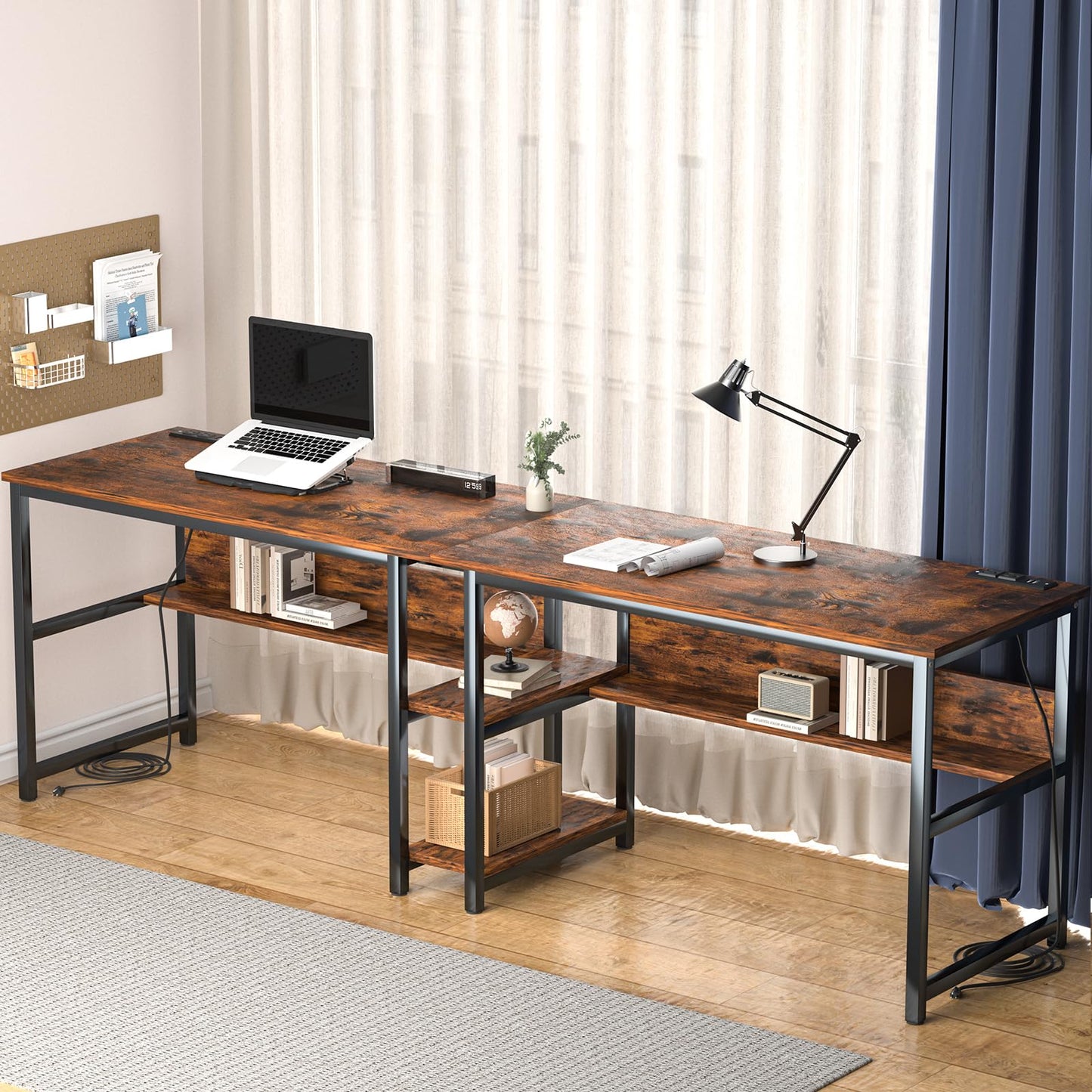 Ytaoka 78.74" Two Person Desk with 2 Power Strips, Double Desk with Shelves, Long Computer Desk for Two People, Wood Writing Desk Workstation for Home Office, 23.62"D x 78.74"W x 29.52"H, Rustic Brown