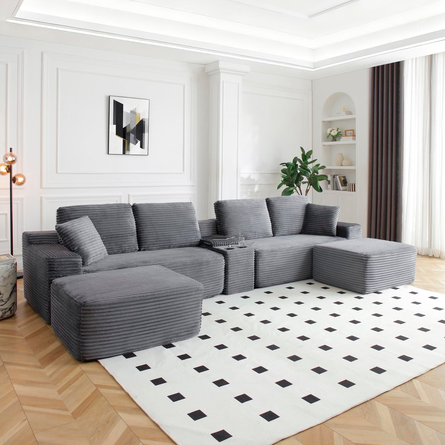 KEIKI 125" Corduroy Sectional Sofa with Two Ottomans, Upholstered Boneless Couch with Cupholders, USB Ports, Cloud Couch for Living Room, Bedroom, Office, Apartment, Gray