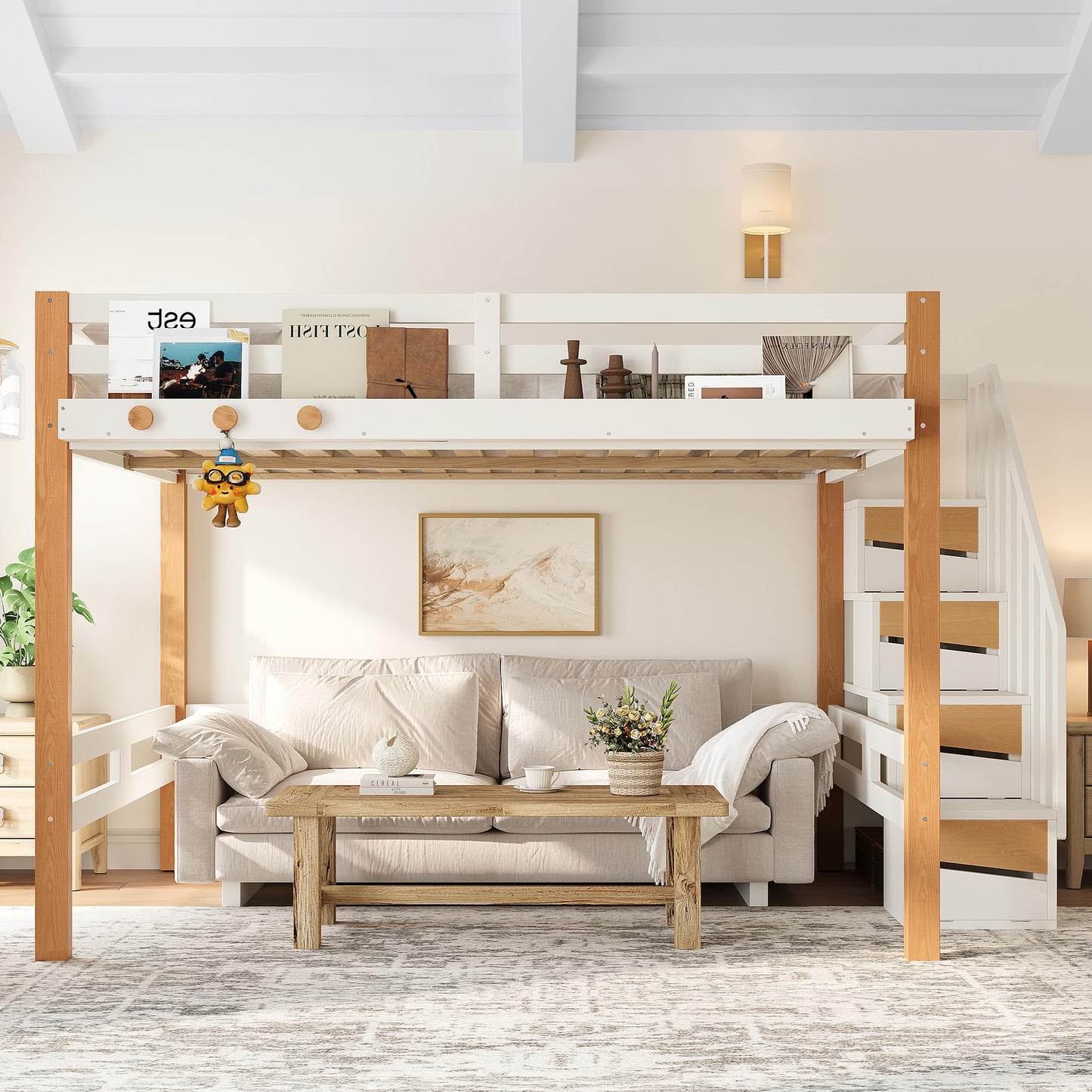 KEIKI Full Size Wooden Loft Bed Frame with Staircase & Clothes Hook & Built-in Storage Shelves, Modern Loft Bed with Solid Slat & Guardrail, No Box Spring Required, Easy Assembly, for Bedroom, Beige