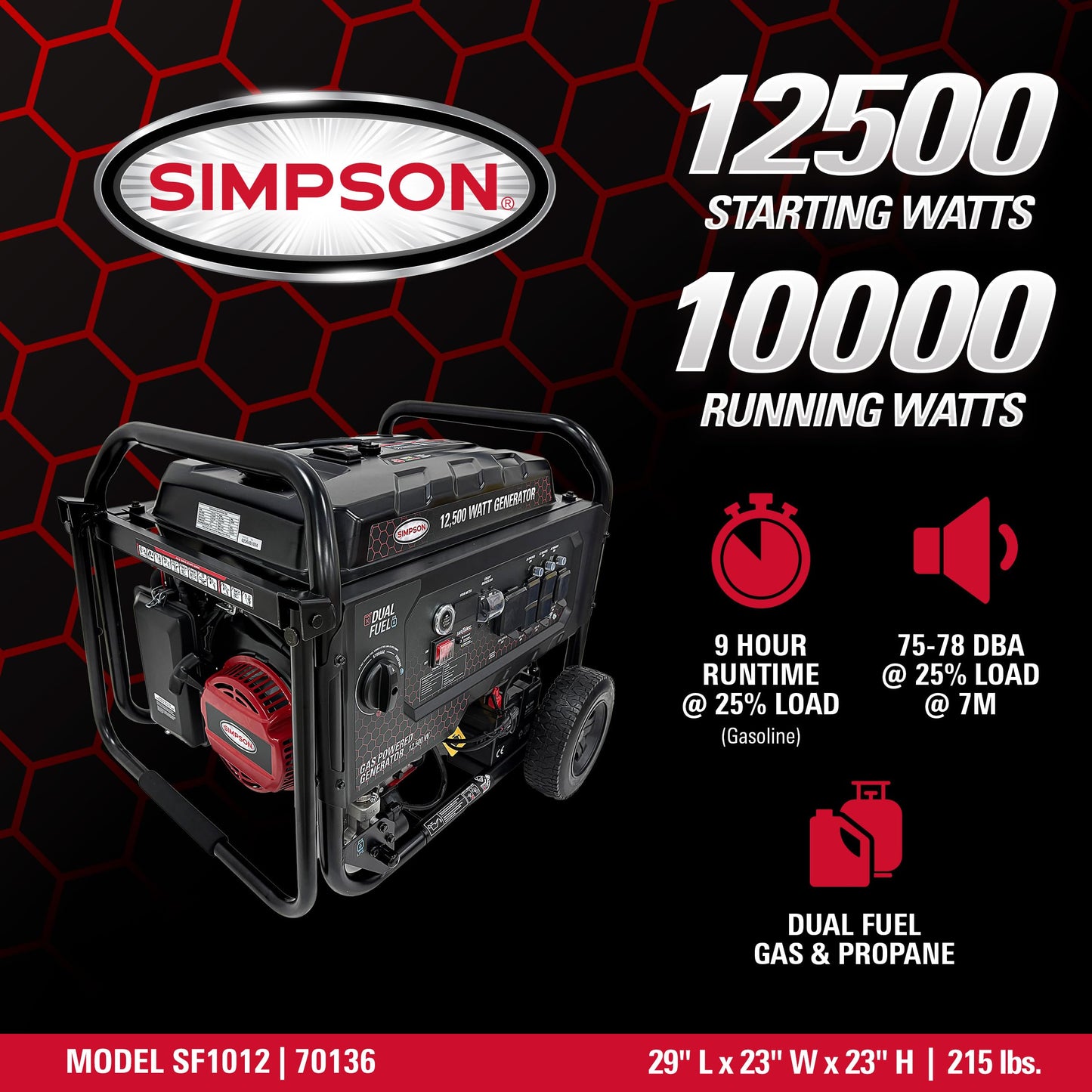 Simpson 12500 Watt Portable Generator, Dual Fuel Gas Generator with Handle and Wheels, 2 120V Duplex Outlets, 120V/240V 4-Prong Outlet, 120V 3-Prong Outlet, 10000 Running Watts, CO Sensor (SF1012)
