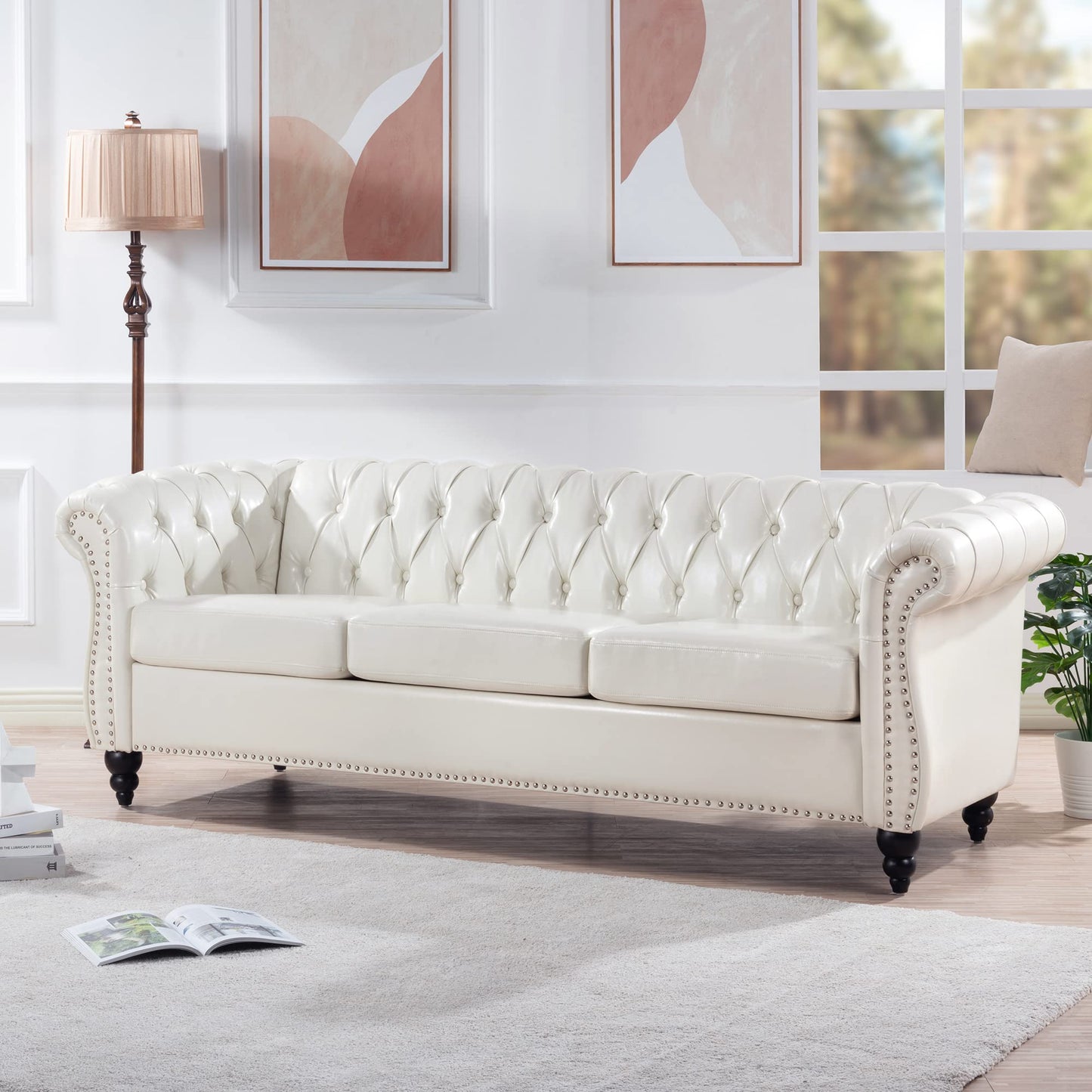 KEIKI 85" PU Leather 3-Seater Chesterfield Sofa with Cushions and Rolled Arm, Deep Pull Buckles Design Modern Style Comfy Couch with Birch Legs, Easy Assembly, for Living Room, White