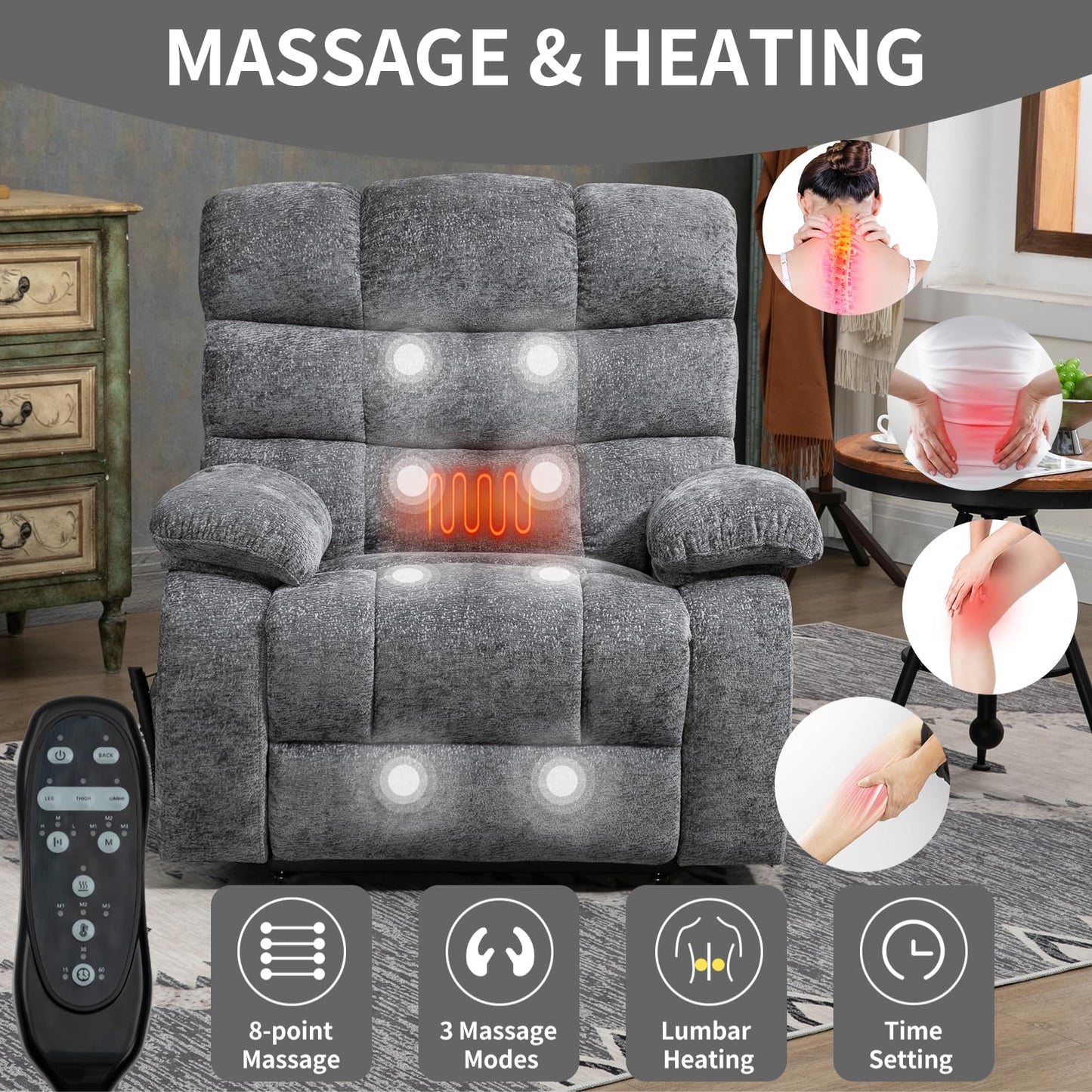 KEIKI Oversized Dual Motor Power Lift Recliner Chair for Elderly, Polyester Upholstery Breathable Rocking Chair with Back Massager and Heated, Home Lounging and Entertainment Center, Grey
