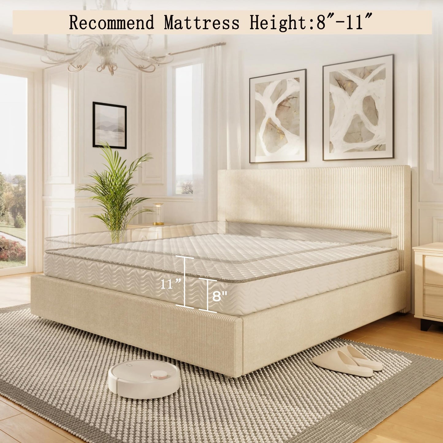 GarveeHome Bed Frame, King Size Platform Bed with 4 Storage Drawers, Upholstered Corduroy Channel Tufted Headboard Bed Frame with Strong Wooden Slat Support, No Box Spring Needed, Beige