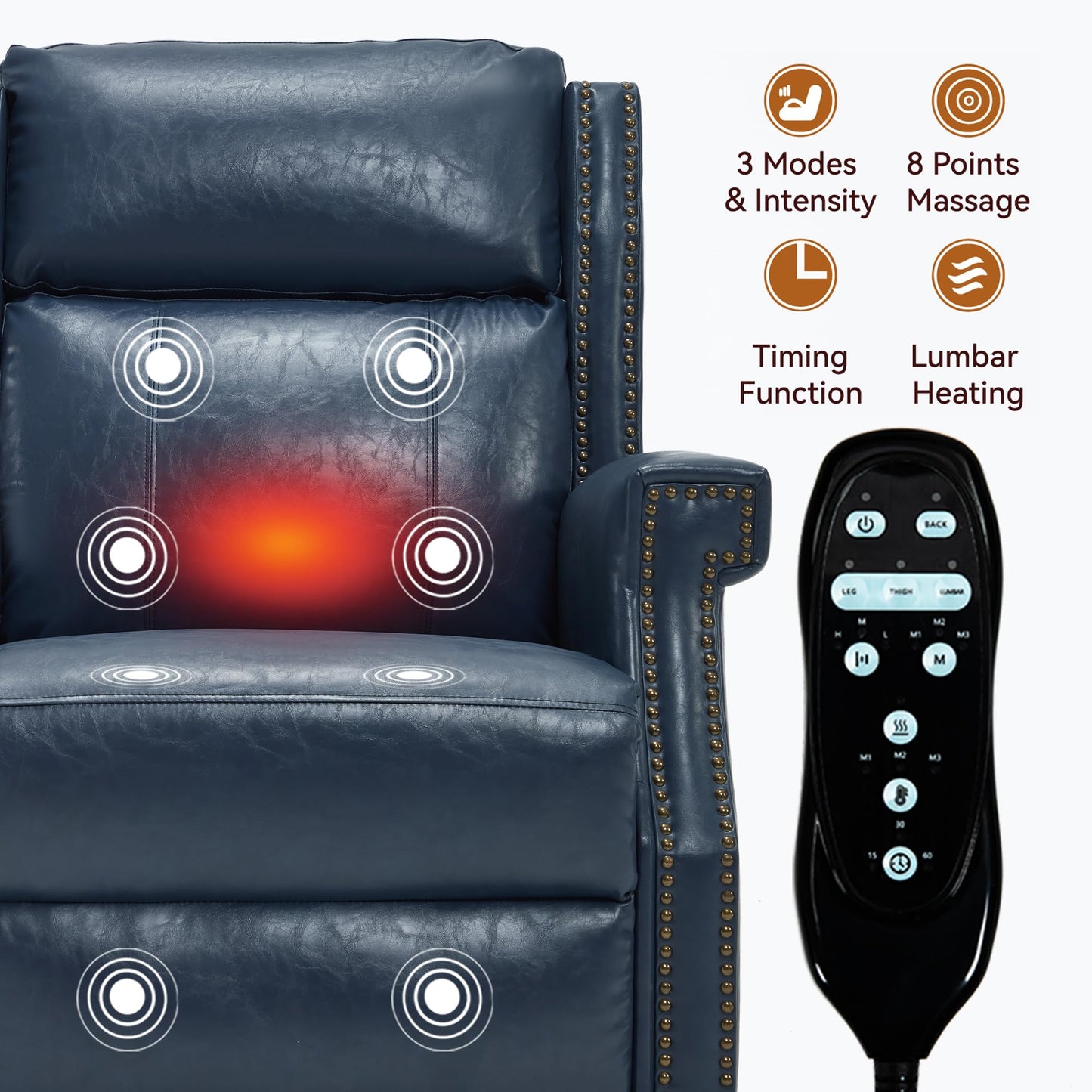 KEIKI Mid Century Modern Oversized Recliner Accent Chair for Adults, Manual Leather Recliner Chair with Back Massager and Heating for Living Room, Apartment Rocking Reading Chairs for Adults, Blue