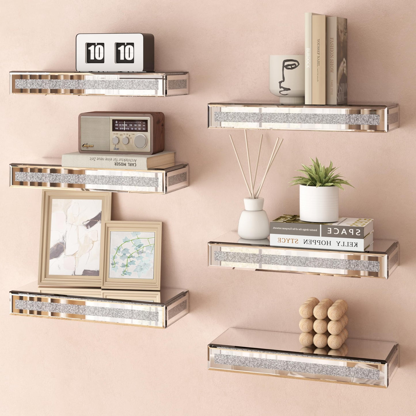 SHYFOY Mirrored Floating Shelves Set of 6, Bling Shelves for Wall Decor, Silver Glass Shelf for Bedroom, Bathroom Storage Shelves, Book Shelves for Living Room