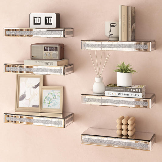 SHYFOY Mirrored Floating Shelves Set of 6, Bling Shelves for Wall Decor, Silver Glass Shelf for Bedroom, Bathroom Storage Shelves, Book Shelves for Living Room