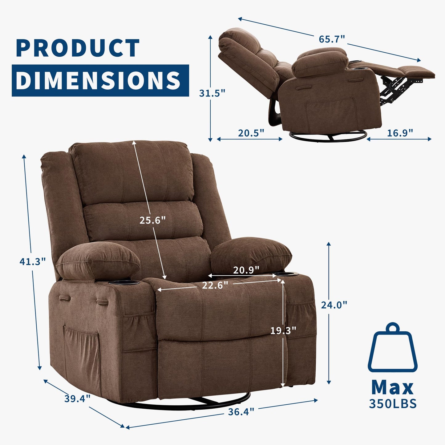 Rocking Recliner Chair for Adults Wide 360° Swivel Rocker Recliner with Cup Holder Nursery Glider with Upholstered Deep Seat Linen Lazy boy Chair for Living Room Browm